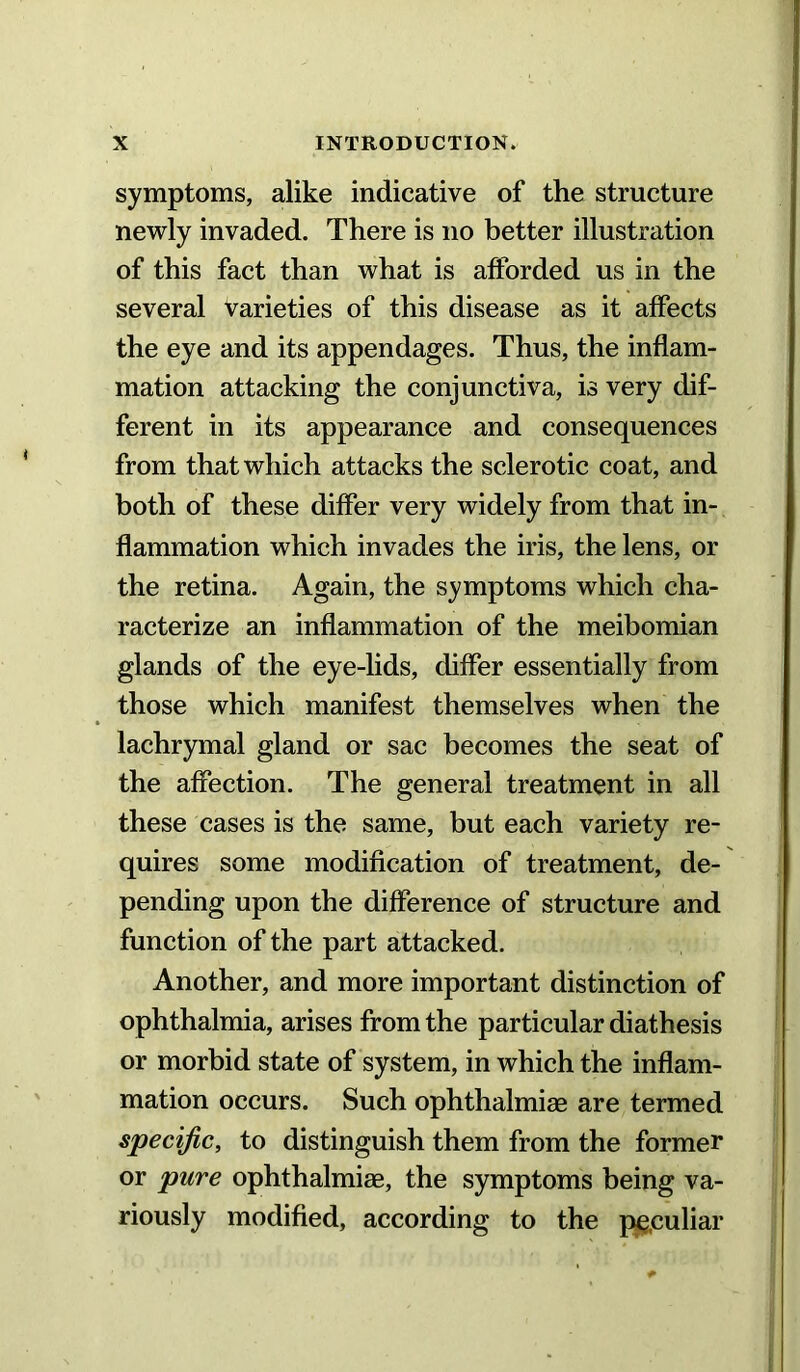 symptoms, alike indicative of the structure newly invaded. There is no better illustration of this fact than what is afforded us in the several varieties of this disease as it affects the eye and its appendages. Thus, the inflam- mation attacking the conjunctiva, is very dif- ferent in its appearance and consequences from that which attacks the sclerotic coat, and both of these differ very widely from that in- flammation which invades the iris, the lens, or the retina. Again, the symptoms which cha- racterize an inflammation of the meibomian glands of the eye-lids, differ essentially from those which manifest themselves when the lachrymal gland or sac becomes the seat of the affection. The general treatment in all these cases is the same, but each variety re- quires some modification of treatment, de- pending upon the difference of structure and function of the part attacked. Another, and more important distinction of ophthalmia, arises from the particular diathesis or morbid state of system, in which the inflam- mation occurs. Such ophthalmias are termed specific, to distinguish them from the former or pure ophthalmias, the symptoms being va- riously modified, according to the peculiar