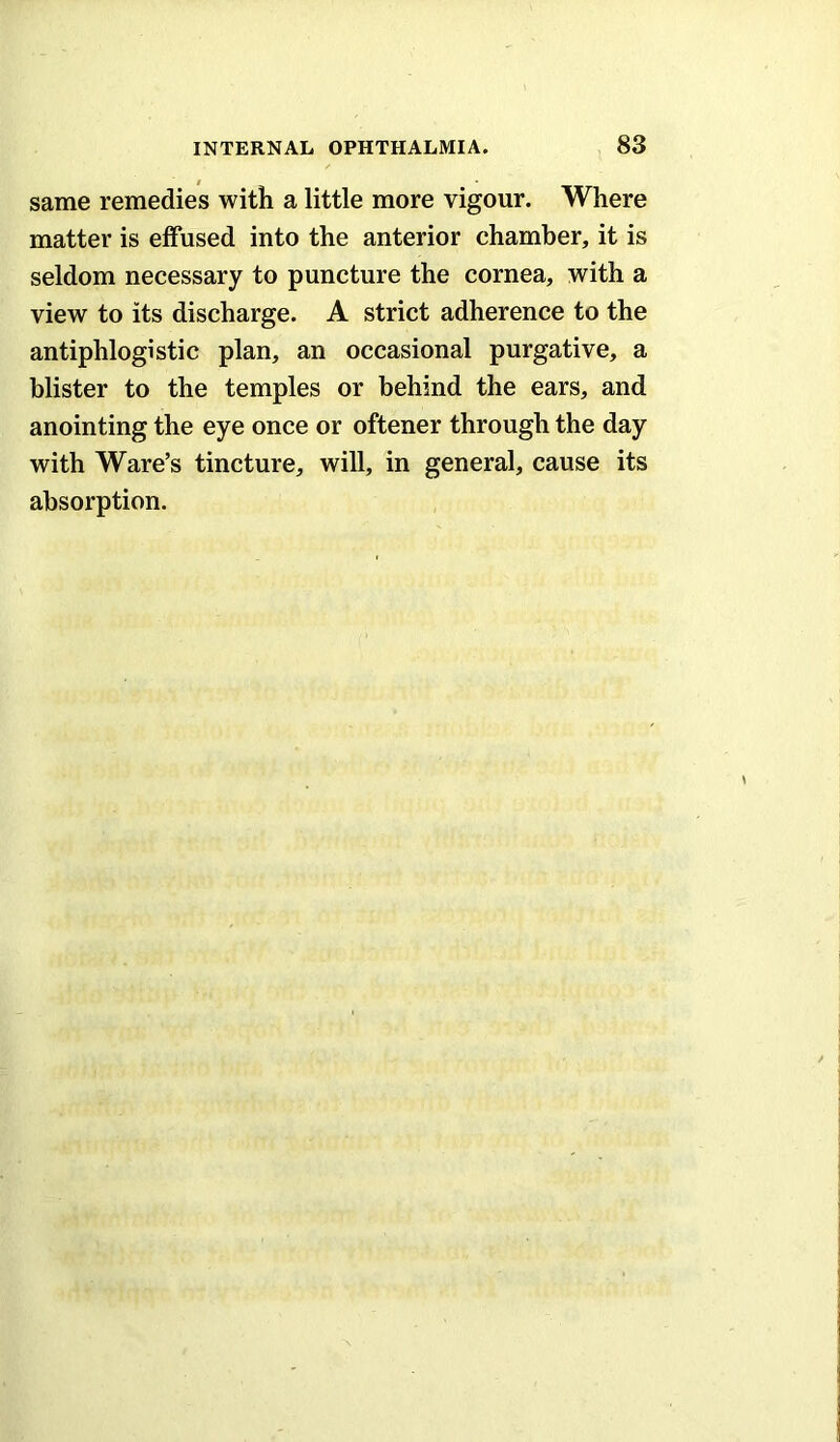 same remedies with a little more vigour. Where matter is effused into the anterior chamber, it is seldom necessary to puncture the cornea, with a view to its discharge. A strict adherence to the antiphlogistic plan, an occasional purgative, a blister to the temples or behind the ears, and anointing the eye once or oftener through the day with Ware’s tincture, will, in general, cause its absorption.