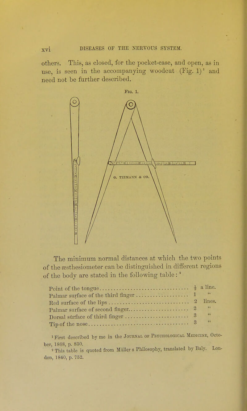 others. This, as closed, for the pocket-case, and open, as in use, is seen in the accompanying woodcut (Fig. I)1 and need not be further described. Fis. 1. The minimum normal distances at which the two points of the sesthesiometer can he distinguished in different regions of the body are stated in the following table:a Point of the tongue Palmar surface of the third finger Red surface of the lips Palmar surface of second finger... Dorsal surface of third finger Tip of the nose 1 First described by me in the Journal of Psychological Medicine, Octo- ber, 1868, p. 830. 5 This table is quoted from Miiller s Philosophy, translated by Baly. Lon- don, 1840, p. '752. $ a line. 1  2 lines. 2  3  3 