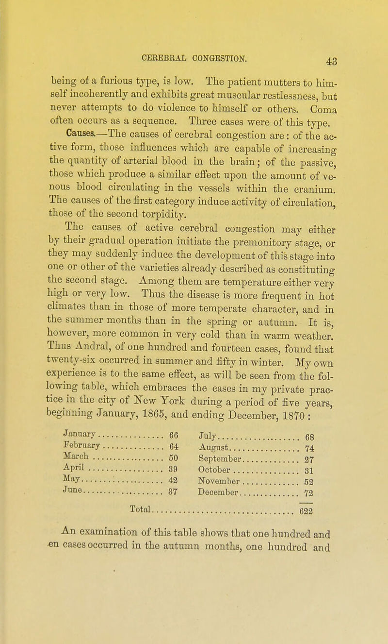 being of a furious type, is low. The patient mutters to him- self incoherently and exhibits great muscular restlessness, but never attempts to do violence to himself or others. Coma often occurs as a sequence. Three cases were of this type. Causes.—The causes of cerebral congestion are: of the ac- tive form, those influences which are capable of increasing the quantity of arterial blood in the brain; of the passive, those which produce a similar effect upon the amount of ve- nous blood circulating in the vessels within the cranium. The causes of the first category induce activity of circulation, those of the second torpidity. The causes of active cerebral congestion may either by their gradual operation initiate the premonitory stage, or they may suddenly induce the development of this stage into one or other of the varieties already described as constituting the second stage. Among them are temperature either very high or very low. Thus the disease is more frequent in hot climates than in those of more temperate character, and in the summer months than in the spring or autumn. It is, however, more common in very cold than in warm weather. Thus Andral, of one hundred and fourteen cases, found that twenty-six occurred in summer and fifty in winter. My own experience is to the same effect, as will be seen from the fol- lowing table, which embraces the cases in my private prac- tice in the city of New York during a period of five years, beginning January, 1865, and ending December, 1870 : January 66 July 68 February 64 August U Marcb- 50 September 27 APril 39 October 31 Ma7 • 42 November 52 June 37 December 72 Total 622 An examination of this table shows that one hundred and ■en cases occurred in the autumn months, one hundred and