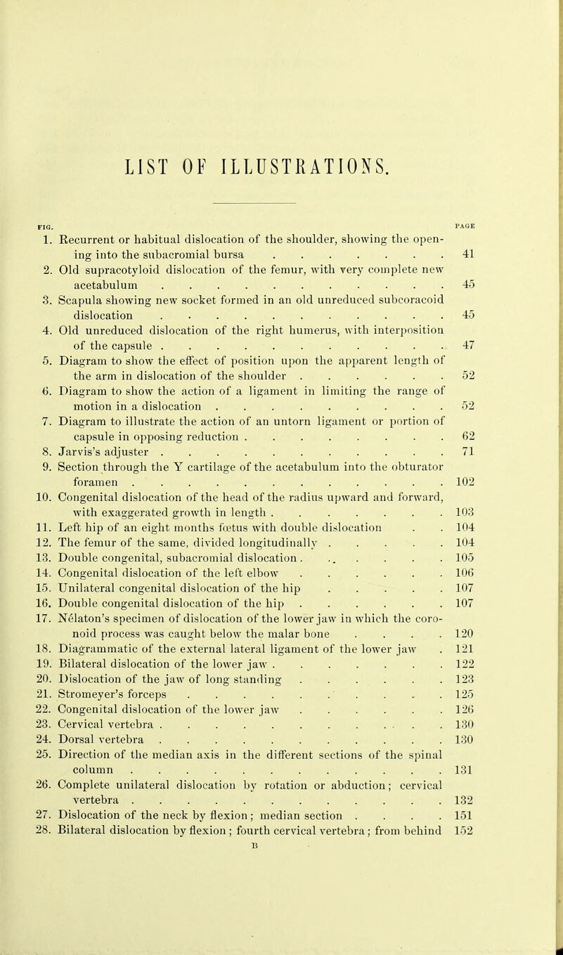 LIST OF ILLUSTRATIONS. FIG. PAGE 1. Eecurrent or habitual dislocation of the shoulder, showing the open- ing into the subacromial bursa ....... 41 2. Old supracotyloid dislocation of the femur, with very complete new acetabulum 45 3. Scapula showing new socket formed in an old unreduced subcoracoid dislocation 45 4. Old unreduced dislocation of the right humerus, with interi)osition of the capsule 47 5. Diagram to show tlie effect of position upon the api:)arent length of the arm in dislocation of the shoulder 52 6. Diagram to show the action of a ligament in limiting the range of motion in a dislocation ......... 52 7. Diagram to illustrate the action of an untorn ligament or portion of capsule in opposing reduction 62 8. Jarvis's adjuster ........... 71 9. Section through the Y cartilage of the acetabulum into the obturator foramen ............ 102 10. Congenital dislocation of the head of the radius upward and forward, with exaggerated growth in length ....... 103 11. Left hip of an eight months Urtus with double dislocation . . 104 12. The femur of the same, divided longitudinally 104 18. Double congenital, subacromial dislocation . ... . . . 105 14. Congenital dislocation of the left elbow 106 15. Unilateral congenital dislocation of the hip 107 16. Double congenital dislocation of the hip 107 17. Nelaton's specimen of dislocation of the lower jaw in which the coro- noid process was caught below the malar bone . . . .120 18. Diagrammatic of the external lateral ligament of the lower jaw . 121 19. Bilateral dislocation of the lower jaw 122 20. Dislocation of the jaw of long standing 123 21. Stromeyer's forceps ' . . - . 125 22. Congenital dislocation of the lower jaw 126 23. Cervical vertebra 130 24. Dorsal vertebra 130 25. Direction of the median axis in the different sections of the spinal column ............ 131 26. Complete unilateral dislocation by rotation or abduction; cervical vertebra 132 27. Dislocation of the neck by flexion ; median section .... 151 28. Bilateral dislocation by flexion ; fourth cervical vertebra; from behind 152 B