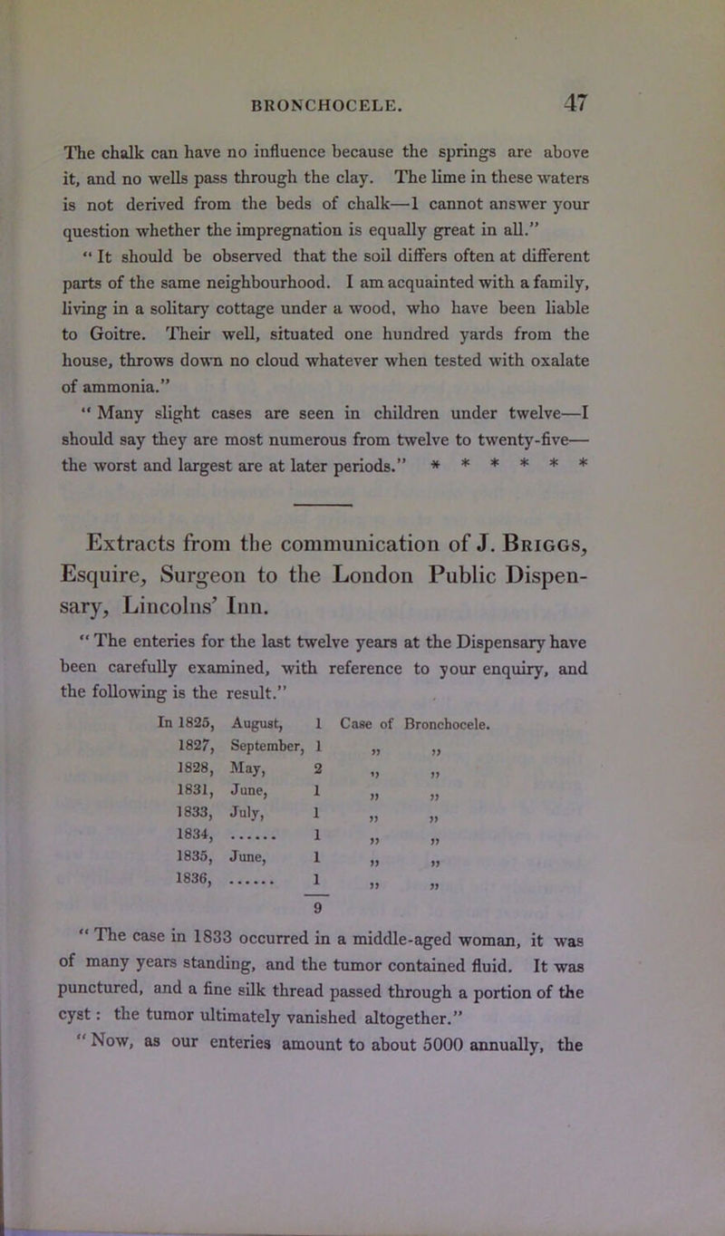 The chalk can have no influence because the springs are above it, and no wells pass through the clay. The lime in these waters is not derived from the beds of chalk—1 cannot answer your question whether the impregnation is equally great in all.  It should be observed that the soil differs often at different parts of the same neighbourhood. I am acquainted with a family, living in a solitarj' cottage under a wood, who have been liable to Goitre. Their well, situated one hundred yards from the house, throws down no cloud whatever when tested with oxalate of ammonia.  Many slight cases are seen in children under twelve—I should say they are most numerous from twelve to twenty-five— the worst and largest are at later periods. ****** Extracts from the communication of J. Briggs, Esquire, Surgeon to the London Public Dispen- sary, Lincolns' Inn.  The enterics for the Isist twelve years at the Dispensary have been carefully examined, with reference to your enquiry, and the following is the result. In 1825, August, 1 Case of Bronchocele, 1827, September, 1 „ „ 1828, May, 2 „ „ 1831, June, 1 „ „ 1833, July, 1 „ „ 1835, June, 1 „ „ 1836, 2_ 9  The case in 1833 occurred in a middle-aged woman, it was of many years standing, and the tumor contained fluid. It waa punctured, and a fine silk thread passed through a portion of the cyst: the tumor ultimately vanished altogether.  Now, as our enterics amount to about 5000 annually, the