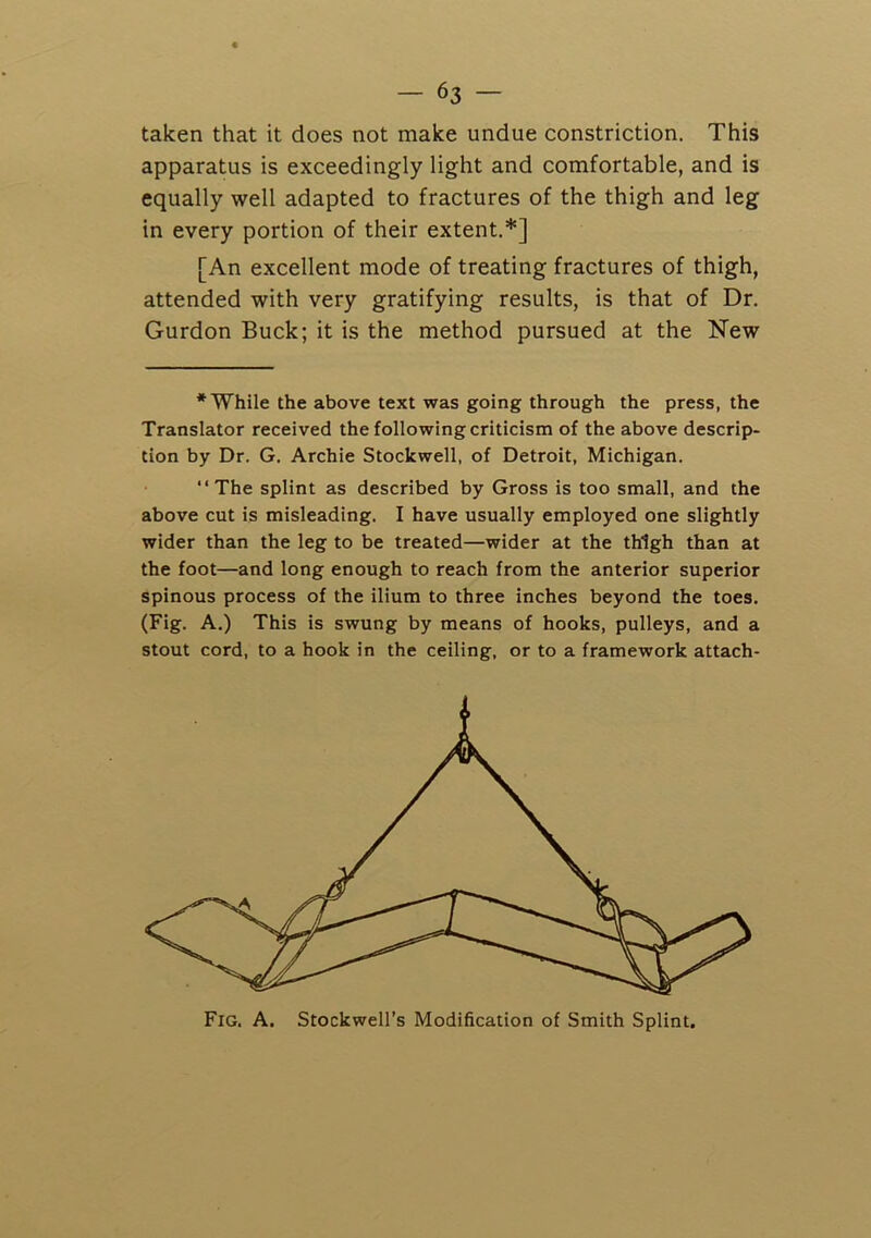 taken that it does not make undue constriction. This apparatus is exceedingly light and comfortable, and is equally well adapted to fractures of the thigh and leg in every portion of their extent.*] [An excellent mode of treating fractures of thigh, attended with very gratifying results, is that of Dr. Gurdon Buck; it is the method pursued at the New * While the above text was going through the press, the Translator received the following criticism of the above descrip- tion by Dr. G. Archie Stockwell, of Detroit, Michigan. “The splint as described by Gross is too small, and the above cut is misleading. I have usually employed one slightly wider than the leg to be treated—wider at the thigh than at the foot—and long enough to reach from the anterior superior spinous process of the ilium to three inches beyond the toes. (Fig. A.) This is swung by means of hooks, pulleys, and a stout cord, to a hook in the ceiling, or to a framework attach- Fig. a. Stockwell’s Modification of Smith Splint.