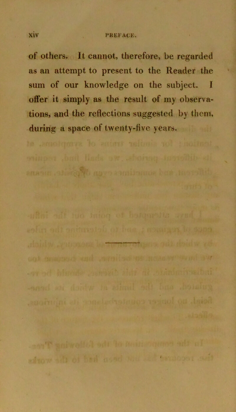 of others. It cannot, therefore, be regarded as an attempt to present to the Reader the sum of our knowledge on the subject. I offer it simply as the result of my observa- tions, and the reflections suggested by them, during a space of twenty-five years.