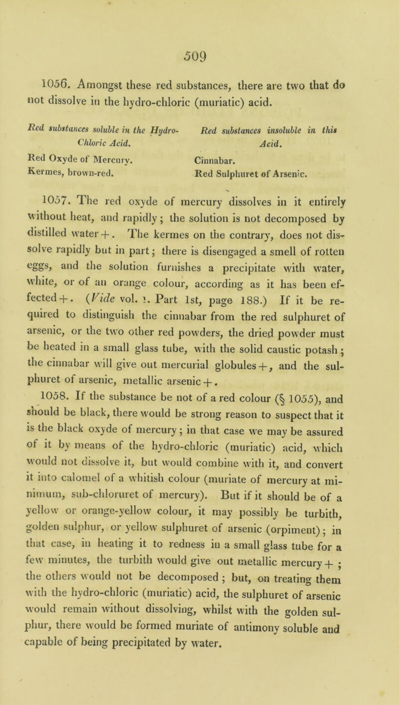 1056. Amongst these red substances, there are two that do not dissolve in the hydro-chloric (muriatic) acid. Red substances soluble in the Hydro- Red substances insoluble in this Chloric Acid. Acid. Red Oxyde of Mercury. Cinnabar. Kermes, brown-red. Red Sulphuret of Arsenic. 1057. The red oxyde of mercury dissolves in it entirely without heat, and rapidly; the solution is not decomposed by distilled water -f. The kermes on the contrary, does not dis- solve rapidly but in part; there is disengaged a smell of rotten eS»s> and die solution furnishes a precipitate with water, white, or of an orange colour, according as it has been ef- fected-}-. (Vide vol. i. Part 1st, page 188.) If it be re- quired to distinguish the cinnabar from the red sulphuret of arsenic, or the two other red powders, the dried powder must be heated in a small glass tube, with the solid caustic potash ; the cinnabar will give out mercurial globules-)-, and the sul- phuret of arsenic, metallic arsenic-)-. 1058. If the substance be not of a red colour (§ 1055), aud should be black, there would be strong reason to suspect that it is the black oxyde of mercury; in that case we may be assured of it by means of the hvdro-chloric (muriatic) acid, which would not dissolve it, but would combine with it, and convert it into calomel of a whitish colour (muriate of mercury at mi- nimum, sub-chloruret of mercury). But if it should be of a yellow or orange-yellow colour, it may possibly be turbith, golden sulphur, or yellow sulphuret of arsenic (orpiment); in that case, in heating it to redness in a small glass tube for a few minutes, the turbith would give out metallic mercury-)- ; the others would not be decomposed ; but, on treating them with the hydro-chloric (muriatic) acid, the sulphuret of arsenic would remain without dissolving, whilst with the golden sul- phur, there would be formed muriate of antimony soluble and capable of being precipitated by water.