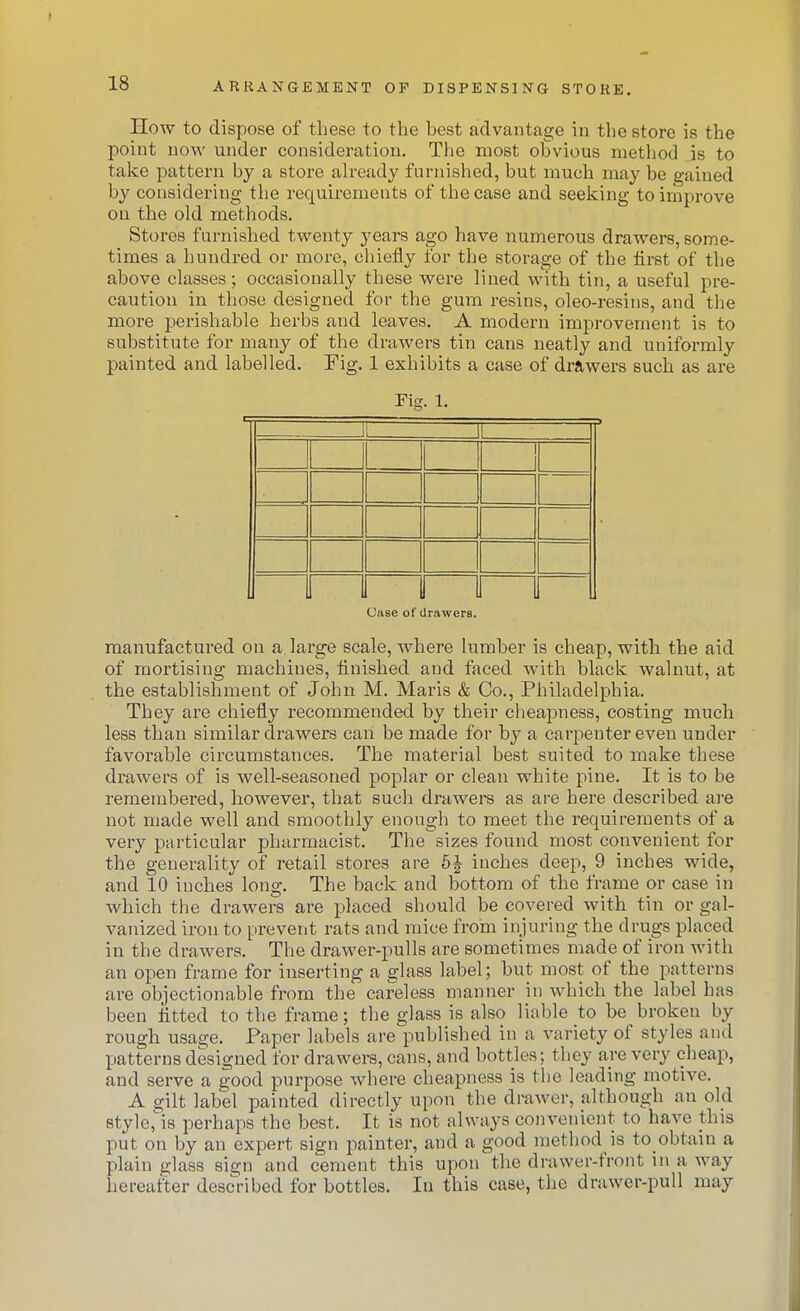 How to dispose of these to the best advantage in the store is the point now under consideration. The most oBvious method is to take pattern by a store ah-eady furnished, but much may be gained by considering the requirements of the case and seeking to improve on the old methods. Stores furnished twenty years ago have numerous drawers, some- times a hundred or more, chiefly for the storage of the first of the above classes; occasionally these were lined with tin, a useful pre- caution in those designed for the gum resins, oleo-resins, and the more perishable herbs and leaves. A modern improvement is to substitute for many of the drawers tin cans neatly and uniformly painted and labelled. Fig. 1 exhibits a case of drawers such as are rig. 1. i I Case of drftwera. manufactured on a large scale, where lumber is cheap, witli the aid of mortising machines, finished and faced with black walnut, at the establishment of John M. Maris & Co., Philadelphia. They are chiefly recommended by their cheapness, costing much less than similar drawers can be made for by a carpenter even under favorable circumstances. The material best suited to make these drawers of is well-seasoned poplar or clean white pine. It is to be remembered, however, that such drawers as are here described are not made well and smoothly enough to meet the requirements of a very particular pharmacist. The sizes found most convenient for the generality of retail stores are 6J inches deep, 9 inches wide, and 10 inches long. The back and bottom of the frame or case in which the drawers are placed should be covered with tin or gal- vanized iron to prevent rats and mice from injuring the drugs placed in the drawers. The drawer-pulls are sometimes made of iron with an open frame for inserting a glass label; but most of the patterns are objectionable from the careless manner in which the label has been fitted to the frame; the glass is also liable to be broken by rough usage. Paper labels are published in a variety of styles and patterns designed for drawers, cans, and bottles; they are very cheap, and serve a good purpose where cheapness is the leading motive. A gilt label painted directly upon the drawer, although an old 8tyle,i8 perhaps the best. It is not always convenient to have this put on by an expert sign painter, and a good method is to obtain a plain glass sign and cement this upon the drawer-front in a way hereafter described for bottles. In this case, the drawer-pull may