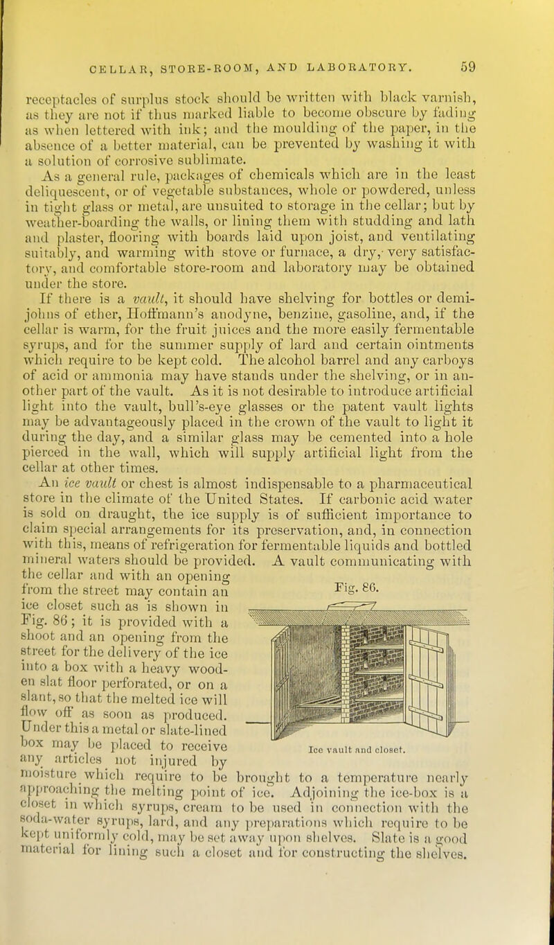 receptacles of surplus stock should be written with black varnish, as they are not if thus marked liable to become obscure by fading as when lettered with ink; and the moulding of the paper, in the absence of a better material, can be prevented by washing it with a solution of corrosive sublimate. As a general rule, packages of chemicals which are in the least deliquescent, or of vegetable substances, whole or powdered, unless in tight glass or metal, are unsuited to storage in the cellar; but by weather-boarding the walls, or lining them with studding and lath and plaster, flooring with boards laid upon joist, and ventilating suitably, and warming with stove or furnace, a dry,-very satisfac- tory, and comfortable store-room and laboratory may be obtained under the store. If there is a vault^ it should have shelving for bottles or demi- johns of ether, Hott'mann's anodyne, benzine, gasoline, and, if the cellar is warm, for the fruit juices and the more easily fermentable syrups, and for the summer supply of lard and certain ointments which require to be kept cold. The alcohol barrel and any carboys of acid or ammonia may have stands under the shelving, or in an- other part of the vault. As it is not desirable to introduce artificial light into the vault, bull's-eye glasses or the patent vault lights may be advantageously placed in the crown of the vault to light it during the day, and a similar glass may be cemented into a hole pierced in the wall, which will supply artificial light from the cellar at other times. An ice vault or chest is almost indispensable to a pharmaceutical store in the climate of the United States. If carbonic acid water is sold on draught, the ice supply is of sufiicient importance to claim special arrangements for its preservation, and, in connection with this, means of refrigeration for fermentable liquids and bottled mineral waters should be provided. A vault communicating with the cellar and with an opening from the street may contain an ice closet such as is shown in Fig. 86; it is provided with a shoot and an opening from the street for the delivery of the ice into a box with a heavy wood- en slat floor ijerforated, or on a slant, so that the melted ice will flow off as soon as produced. Under this a metal or slate-lined box may be placed to receive any articles _ not injured by moisture which require to be brought to a temperature nearly npproaching the melting point of ice. Adjoining the ice-box is a closet in which syrups, cream to be used in coiniection with the soda-water syrups, lard, and any preparations which require to be kept uniformly cold, may be set away upon shelves. Slate is a good material for lining such a closet and for constructing the shelves. Fig. 86. Ice vault and closet.