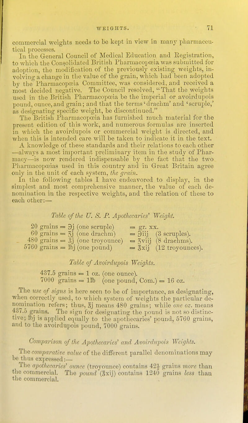 commercial weights needs to be kept in view in many pharmaceu- tical processes. lu the General Council of Medical Education and Registration, to which the Consolidated British Pharmacoiioeia was submitted for adoption, the modification of the previously existing weights, in- volving a change in the value of the grain, which had been adopted by the Pharm'acopcoia Committee, was considered, and received a most decided negative. The Council resolved, That the weights used in the British PharmacopaDia be the imperial or avoirdupois pound, ounce, and grain; and that the terms'drachm' and 'scruple,' as designating specific weight, be discontinued. The British Pharraacopceia has furnished mnch material for the present edition of this work, and numerous formulas are inserted in which the avoirdupois or commercial weight is directed, and when this is intended care will be taken to indicate it in the text. A knowledge of these standards and their relations to each other —always a most important preliminary item in the study of Phar- macy—is now rendered indispensable by the fact that the two Pharmacopoeias used in this country and in Great Britain agree only in the unit of each system, the grain. In the following tables I have endeavored to display, in the simplest and most comprehensive manner, the value of each de- nomination in the respective weights, and the relation of these to each other:— Table of the U. S. F. Apothecaries' Weight. 20 grains = 9j (one scruple) = gr. xx. 60 grains = 5j (one drachm) = 911] (3 scruples). 480 grains = 5j (one troyounce) = Jviij (8 draehms). 5760 grains = Bbj (one pound) = ^xij (12 troyounces). Table of Avoirdupois Weights. 437.5 grains = 1 oz. (one ounce). 7000 grains = lib (one pound. Com.) = 16 oz. The use of signs is here seen to be of importance, as designating, when correctly used, to which system of weights the particular de- nomination refers; thus, Ij means 480 grains; while one oz. means 437.5 grains. The sign for designating the pound is not so distinc- tive; tbj is applied equally to the apothecaries' pound, 5760 grains, and to the avoirdupois pound, 7000 grains. Com'parison of the Apothecaries' and Avoirdupois Weights. The comparative value of the different parallel denominations may be thus expressed:— The apothecaries' ounce (troyounce) contains 42J grains more than the commercial The pound (§xij) contains 1240 grains less than the commercial.