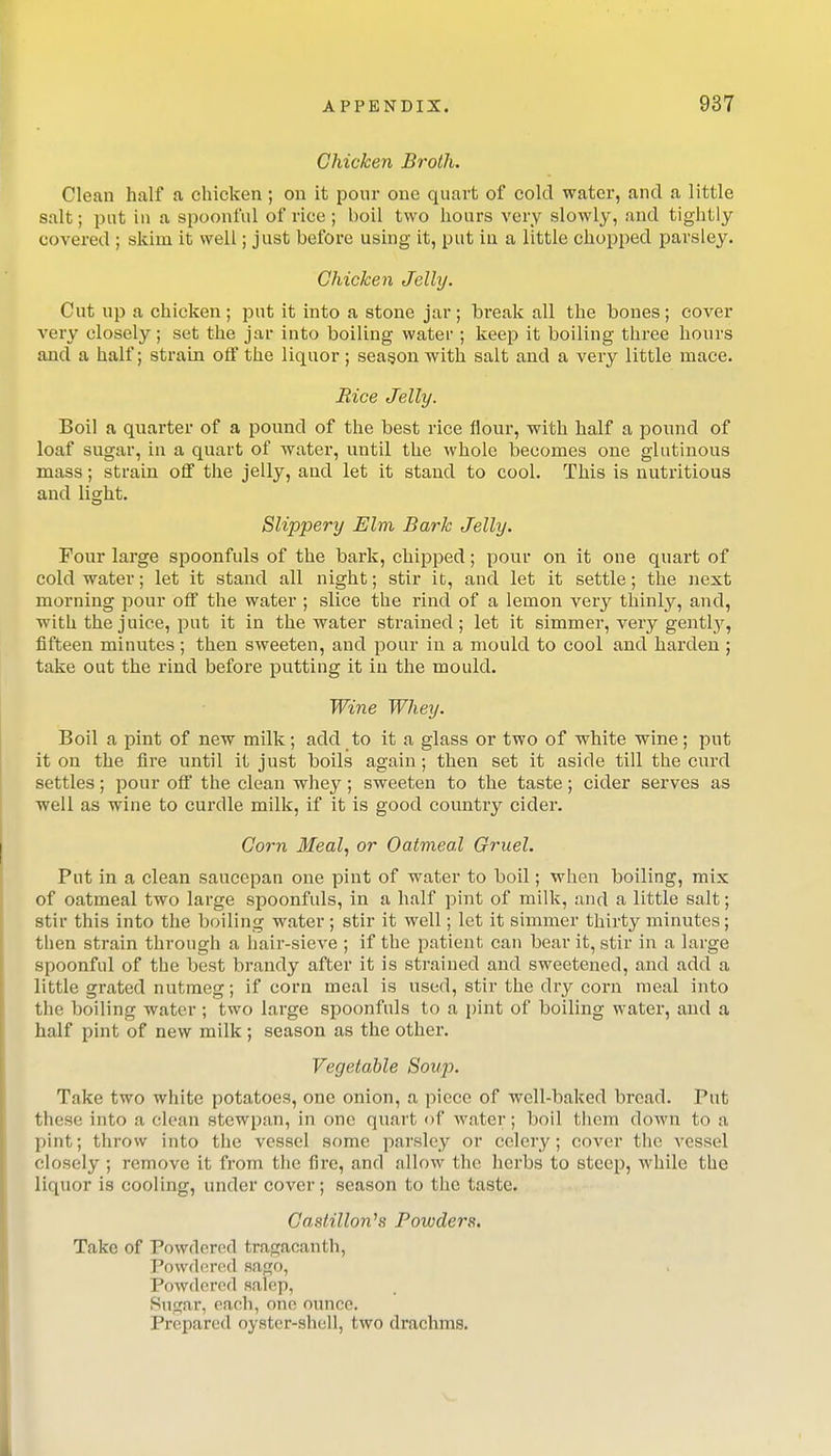 Chicken Broth, Clean half a chicken; on it ponr one quart of cold water, and a little salt; put in a spoonful of rice ; boil two hours very slowly, and tightly covered ; skim it well; just before using it, put in a little chopped parsley. Chicken Jelly. Cut up a chicken; put it into a stone jar; break all the bones; cover very closely; set the jar into boiling water ; keep it boiling three hours and a half; strain off the liquor; season with salt and a very little mace. Rice Jelly. Boil a quarter of a pound of the best rice flour, with half a pound of loaf sugar, in a quart of water, until the whole becomes one glutinous mass; strain off the jelly, and let it stand to cool. This is nutritious and light. Slippery Elm Bark Jelly. Four large spoonfuls of the bark, chipped; pour on it one quart of cold water; let it stand all night; stir it, and let it settle; the next morning pour off the water ; slice the rind of a lemon very thinly, and, with the juice, put it in the water strained; let it simmer, very gently, fifteen minutes ; then sweeten, and pour in a mould to cool and harden ; take out the rind before putting it in the mould. Wine Whey. Boil a pint of new milk ; add to it a glass or two of white wine ; put it on the fire until it just boils again; then set it aside till the curd settles; pour off the clean whey; sweeten to the taste; cider serves as well as wine to curdle milk, if it is good country cider. Corn Meal, or Oatmeal Gruel. Put in a clean saucepan one pint of water to boil; when boiling, mix of oatmeal two large spoonfuls, in a half pint of milk, and a little salt; stir this into the boiling water ; stir it well; let it simmer thirty minutes; then strain through a hair-sieve ; if the patient can bear it, stir in a large spoonful of the best brandy after it is strained and sweetened, and add a little grated nutmeg; if corn meal is used, stir the dry corn meal into the boiling water; two large spoonfuls to a pint of boiling water, and a half pint of new milk; season as the other. Vegetable Soup. Take two white potatoes, one onion, a piece of well-baked bread. Put these into a clean stewpan, in one quart of water; boll them down to a pint; throw into the vessel some parsley or celery; cover the vessel closely ; remove it from the fire, and allow the herbs to steep, while the liquor is cooling, under cover; season to the taste. Caslillo7i's Powders. Take of Powdered tra^acanth, Powdnrod safTO, Powdered salep, Su£;ar, each, one ounce. Prepared oyster-shell, two drachms.