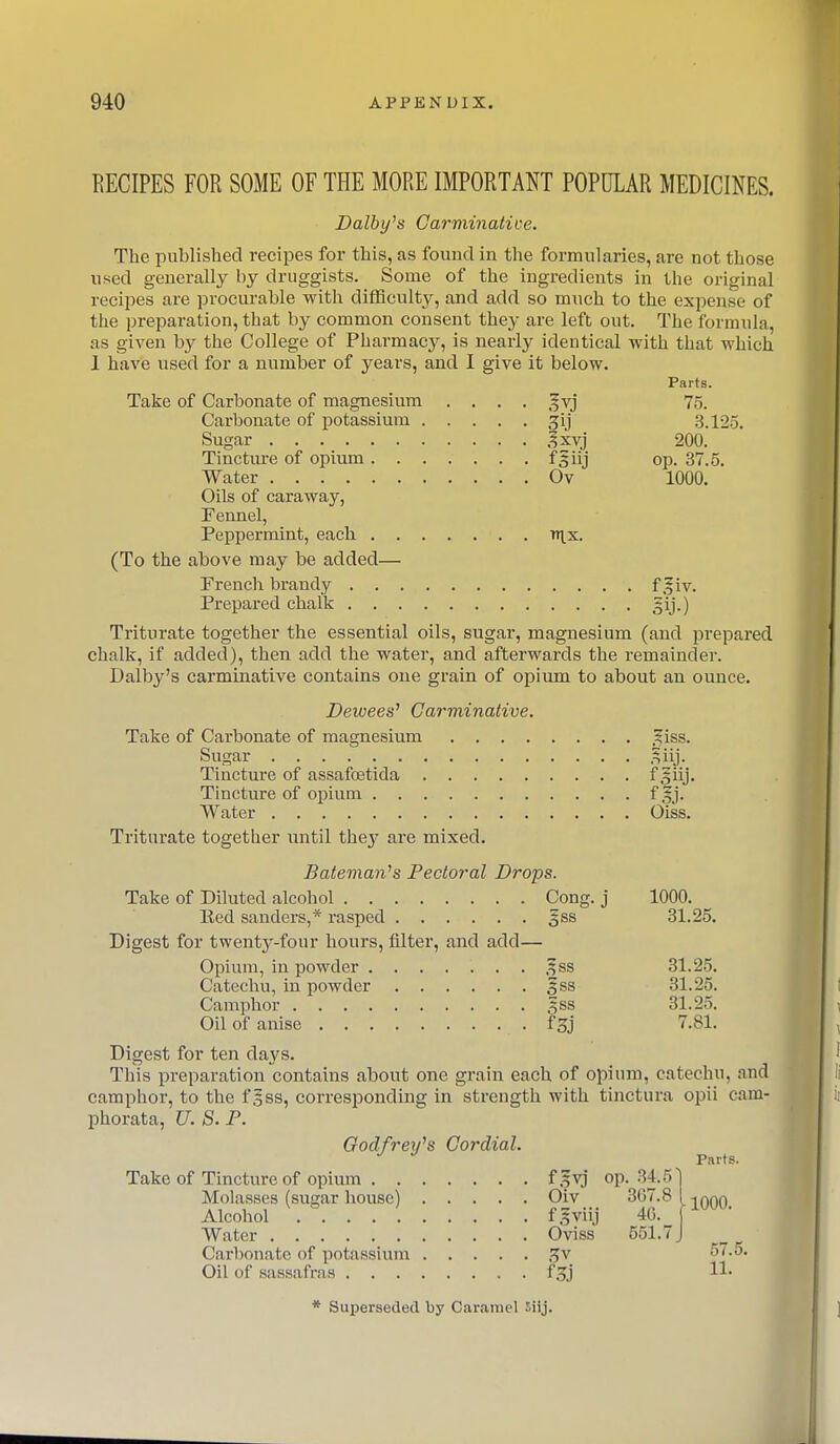 RECIPES FOR SOME OF THE MORE IMPORTANT POPULAR MEDICINES. Daily's Carminatice. The published recipes for this, as found in the formularies, are not those used generally by druggists. Some of the ingredients in the original recipes are procurable with difficulty, and add so much to the expense of the preparation, that by common consent they are left out. The formula, as given by the College of Pharmacy, is nearly identical with that which 1 have used for a number of years, and I give it below. Parts. 75. 3.125. 200. op. 37.5. 1000. Take of Carbonate of magnesium .... ^vj Carbonate of potassium gij Sugar .^xvj Tincture of opium fsiij Water Ov Oils of caraway, Fennel, Peppermint, each Tt^x, (To the above may be added— French brandy f oiv. Prepared chalk gij.) Triturate together the essential oils, sugar, magnesium (and jDrepared chalk, if added), then add the water, and afterwards the remainder. Dalby's carminative contains one grain of opium to about an ounce. Dewees^ Carminative. Take of Carbonate of magnesium Sugar Tincture of assafostida . Tincture of opium . . . Water ,5iss. Siij. Oiss. Triturate together \mtil the}' are mixed. Bateman's Pectoral Drops. Take of Diluted alcohol Cong, j 1000. Ked Sanders,* rasped §ss 31.25. Digest for twenty-four hours, filter, and add— Opium, in powder .^ss 31.25. Catechu, in powder Jss 31.25. Camphor 5ss 31.25. Oil of anise fSj 7.81. Digest for ten days. This preparation contains about one grain each of opium, catechu, and camphor, to the f.5ss, corresponding in strength with tinctura opii cam- phorata, U. S. P. Oodfretfs Cordial. Take of Tincture of opium f .fvj op. 34.51 Molasses (sugar house) Oiv 367.8 Alcohol f.^viij 40. _ Water Oviss 551.7 Carbonate of potassium ^v Oil of sassafras f^j Pnrts. 1000. 5(.o. 11. * Superseded by Caramel Mij.