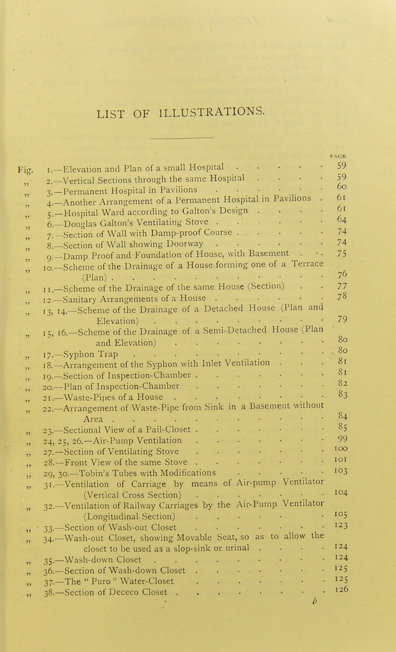 LIST OF ILLUSTRATIONS. Fig. i.—Elevation and Plan of a small Hospital .... (j 2.—Vertical Sections through the same Hospital . „ 3.—Permanent Hospital in Pavilions . . • ■ • 4.—Another Arrangement of a Permanent Hospital in Pavilions ( 5.—Hospital Ward according to Galton's Design . 6. —Douglas Galton's Ventilating Stove . 7. —Section of Wall with Damp-proof Course . 8—Section of Wall showing Doorway 9.—Damp Proof and Foundation of House, with Basement . ro—Scheme of the Drainage of a House forming one of a Terrace (Plan) 11—Scheme of the Drainage of the same House (Section) 12. —Sanitary Arrangements of a House .... 13, 14.—Scheme of the Drainage of a Detached House (Plan and Elevation) . . . * 15, 16.—Scheme of the Drainage of a Semi-Detached House (Plan and Elevation) 17. —Syphon Trap • • 18. —Arrangement of the Syphon with Inlet Ventilation . 19. —Section of Inspection-Chamber . . 20. —Plan of Inspection-Chamber 21. —Waste-Pipes of a House 22. —Arrangement of Waste-Pipe from Sink in a Basement without Area • 23. —Sectional View of a Pail-Closet 24. 25, 26.—Air-Pump Ventilation 27. —Section of Ventilating Stove 28. —Front View of the same Stove 29. 30.—Tobin's Tubes with Modifications 31. —Ventilation of Carriage by means of Air-pump Ventilator (Vertical Cross Section) - 32. —Ventilation of Railway Carriages by the Air-Pump Ventilator (Longitudinal Section) . 33. —Section of Wash-out Closet . 34—Wash-out Closet, showing Movable Seat, so as to allow the closet to be used as a slop-sink or urinal . 35. —Wash-down Closet . . . . . 36. —Section of Wash-down Closet 37. —The  Puro  Water-Closet 38. —Section of Dececo Closet u