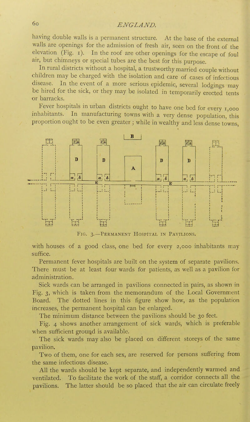 having double walls is a permanent structure. At the base of the external walls are openings for the admission of fresh air, seen on the front of the elevation (Fig. i). In the roof are other openings for the escape of foul air, but chimneys or special tubes are the best for this purpose. In rural districts without a hospital, a trustworthy married couple without children may be charged with the isolation and care of cases of infectious disease. In the event of a more serious epidemic, several lodgings may be hired for the sick, or they may be isolated in temporarily erected tents or barracks. Fever hospitals in urban districts ought to have one bed for every 1,000 inhabitants. In manufacturing towns with a very dense population,'this proportion ought to be even greater ; while in wealthy and less dense towns, fT _1l I -»-, D D r~ j i < l5j l± B jPiL !~r1 TfT* i-fc-j Fig. 3.—Permanent Hospital in Pavilions. with houses of a good class, one bed for every 2,000 inhabitants may suffice. Permanent fever hospitals are built on the system of separate pavilions. There must be at least four wards for patients, as well as a pavilion for administration. Sick wards can be arranged in pavilions connected in pairs, as shown in Fig. 3, which is taken from the memorandum of the Local Government Board. The dotted lines in this figure show how, as the population increases, the permanent hospital can be enlarged. The minimum distance between the pavilions should be 30 feet. Fig. 4 shows another arrangement of sick wards, which is preferable when sufficient ground is available. The sick wards may also be placed on different storeys of the same pavilion. Two of them, one for each sex, are reserved for persons suffering from the same infectious disease. All the wards should be kept separate, and independently warmed and ventilated. To facilitate the work of the staff, a corridor connects all the pavilions. The latter should be so placed that the air can circulate freely