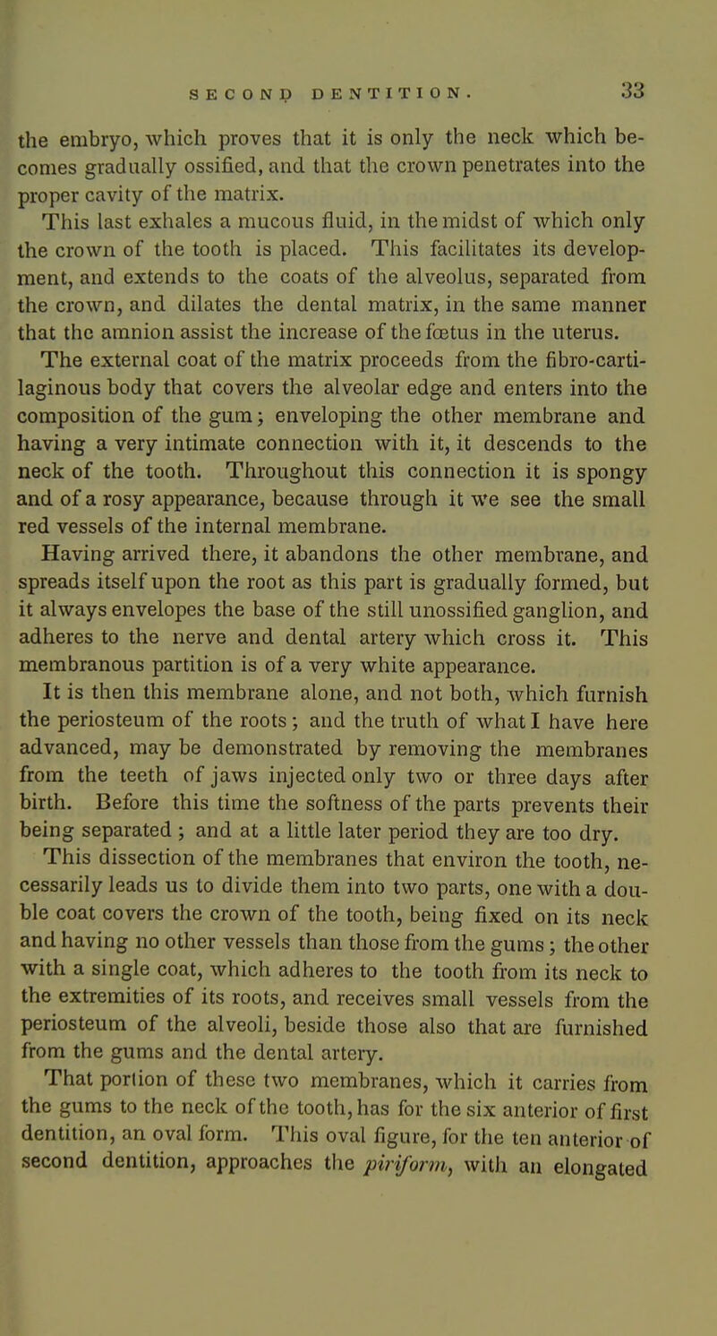 the embryo, which proves that it is only the neck which be- comes gradually ossified, and that the crown penetrates into the proper cavity of the matrix. This last exhales a mucous fluid, in the midst of which only the crown of the tooth is placed. This facilitates its develop- ment, and extends to the coats of the alveolus, separated from the crown, and dilates the dental matrix, in the same manner that the amnion assist the increase of the foetus in the uterus. The external coat of the matrix proceeds from the fibro-carti- laginous body that covers the alveolar edge and enters into the composition of the gum; enveloping the other membrane and having a very intimate connection with it, it descends to the neck of the tooth. Throughout this connection it is spongy and of a rosy appearance, because through it we see the small red vessels of the internal membrane. Having arrived there, it abandons the other membrane, and spreads itself upon the root as this part is gradually formed, but it always envelopes the base of the still unossified ganglion, and adheres to the nerve and dental artery which cross it. This membranous partition is of a very white appearance. It is then this membrane alone, and not both, which furnish the periosteum of the roots; and the truth of what I have here advanced, may be demonstrated by removing the membranes from the teeth of jaws injected only two or three days after birth. Before this time the softness of the parts prevents their being separated ; and at a little later period they are too dry. This dissection of the membranes that environ the tooth, ne- cessarily leads us to divide them into two parts, one with a dou- ble coat covers the crown of the tooth, being fixed on its neck and having no other vessels than those from the gums; the other with a single coat, which adheres to the tooth from its neck to the extremities of its roots, and receives small vessels from the periosteum of the alveoli, beside those also that are furnished from the gums and the dental artery. That portion of these two membranes, which it carries from the gums to the neck of the tooth, has for the six anterior of first dentition, an oval form. This oval figure, for the ten anterior of second dentition, approaches the piriform, witli an elongated