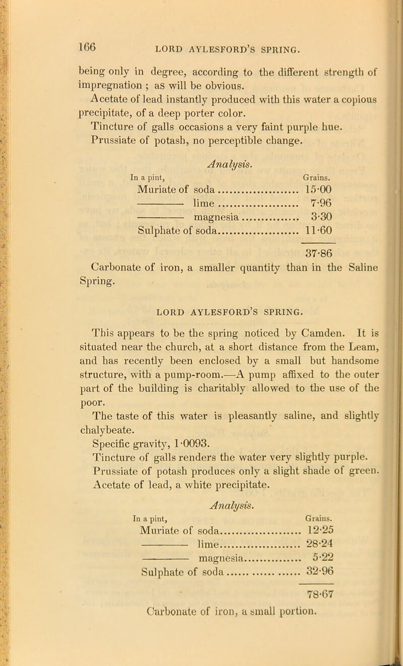 being only in degree, according to the different strength of impregnation ; as will be obvious. Acetate of lead instantly produced with this water a copious precipitate, of a deep porter color. Tincture of galls occasions a very faint purple hue. Prussiate of potash, no perceptible change. Analysis. In a pint. Grains. Muriate of soda 15-00 lime 7-96 magnesia 3-30 Sulphate of soda 11 -60 37-86 Carbonate of iron, a smaller quantity than in the Saline Spring. LORD AYLESFORD’S SPRING. This appears to be the spring noticed by Camden. It is situated near the church, at a short distance from the Leam, and has recently been enclosed by a small but handsome structure, with a pump-room.—A pump affixed to the outer part of the building is charitably allowed to the use of the poor. The taste of this water is pleasantly saline, and slightly chalybeate. Specific gravity, 1 -0093. Tincture of galls renders the water very slightly purple. Prussiate of potash produces only a slight shade of green. Acetate of lead, a white precipitate. Analysis. In a pint. Grains. Muriate of soda 12-25 lime 28-24 magnesia 5-22 Sulphate of soda 32-96 78-67