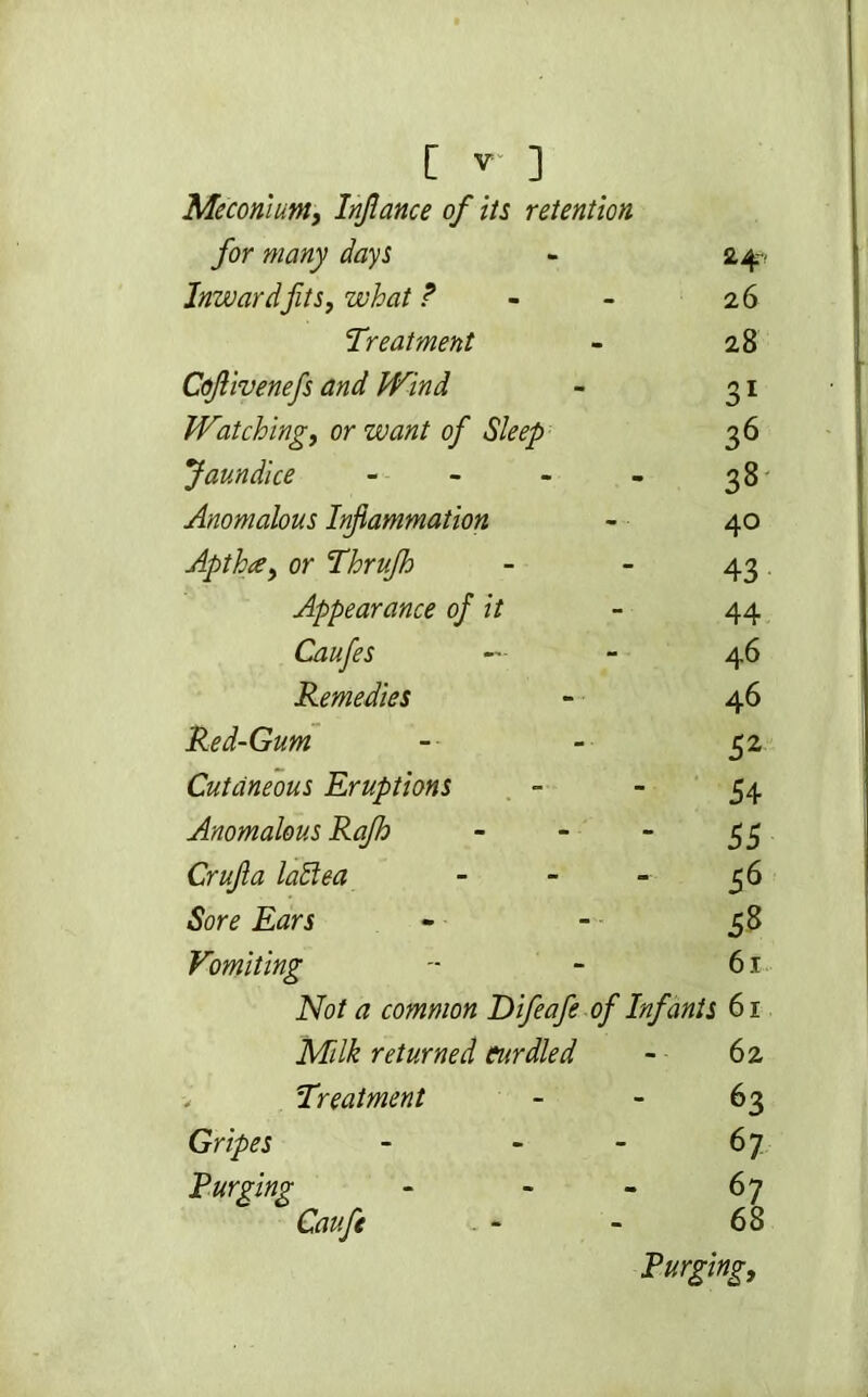 Meconium, Injlance of its retention for many days Inward fits, what ? 26 Treatment 28 Cqftivenefs and Wind 31 Watching, or want of Sleep 36 Jaundice - - - 38 Anomalous Infiammation 40 Apthce, or Thrujh 43 Appearance of it 44 Caufes 46 Remedies 46 Red-Gum 52 Cutaneous Eruptions 54 Anomalous Rqfh 55 Crufia lattea 56 Sore Ears 58 Vomiting 61 Not a common Difeafe of Infants 61 Milk returned curdled 62 Treatment 63 Gripes 67 Purging 67 Cauft 68 Purging,