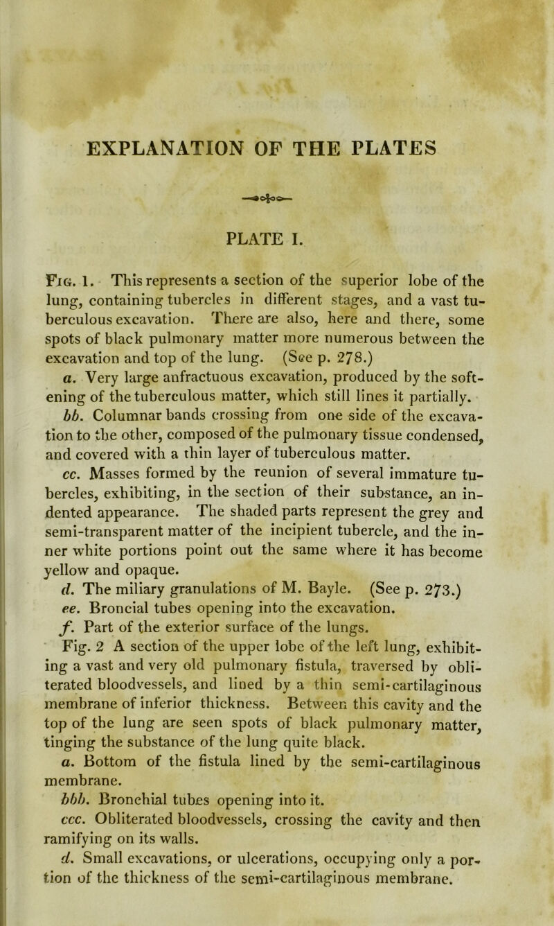 EXPLANATION OF THE PLATES —aojo©— PLATE I. Fig. 1. This represents a section of the superior lobe of the lung, containing tubercles in different stages, and a vast tu- berculous excavation. There are also, here and there, some spots of black pulmonary matter more numerous between the excavation and top of the lung. (See p. 278.) a. Very large anfractuous excavation, produced by the soft- ening of the tuberculous matter, which still lines it partially. bb. Columnar bands crossing from one side of the excava- tion to the other, composed of the pulmonary tissue condensed, and covered with a thin layer of tuberculous matter. cc. Masses formed by the reunion of several immature tu- bercles, exhibiting, in the section of their substance, an in- dented appearance. The shaded parts represent the grey and semi-transparent matter of the incipient tubercle, and the in- ner white portions point out the same where it has become yellow and opaque. d. The miliary granulations of M. Bayle. (See p. 273.) ee. Broncial tubes opening into the excavation. f. Part of the exterior surface of the lungs. Fig. 2 A section of the upper lobe of the left lung, exhibit- ing a vast and very old pulmonary fistula, traversed by obli- terated bloodvessels, and lined by a thin semi-cartilaginous membrane of inferior thickness. Between this cavity and the top of the lung are seen spots of black pulmonary matter, tinging the substance of the lung quite black. a. Bottom of the fistula lined by the semi-cartilaginous membrane. bbb. Bronchial tubes opening into it. ccc. Obliterated bloodvessels, crossing the cavity and then ramifying on its walls. d. Small excavations, or ulcerations, occupying only a por- tion of the thickness of the semi-cartilaginous membrane.