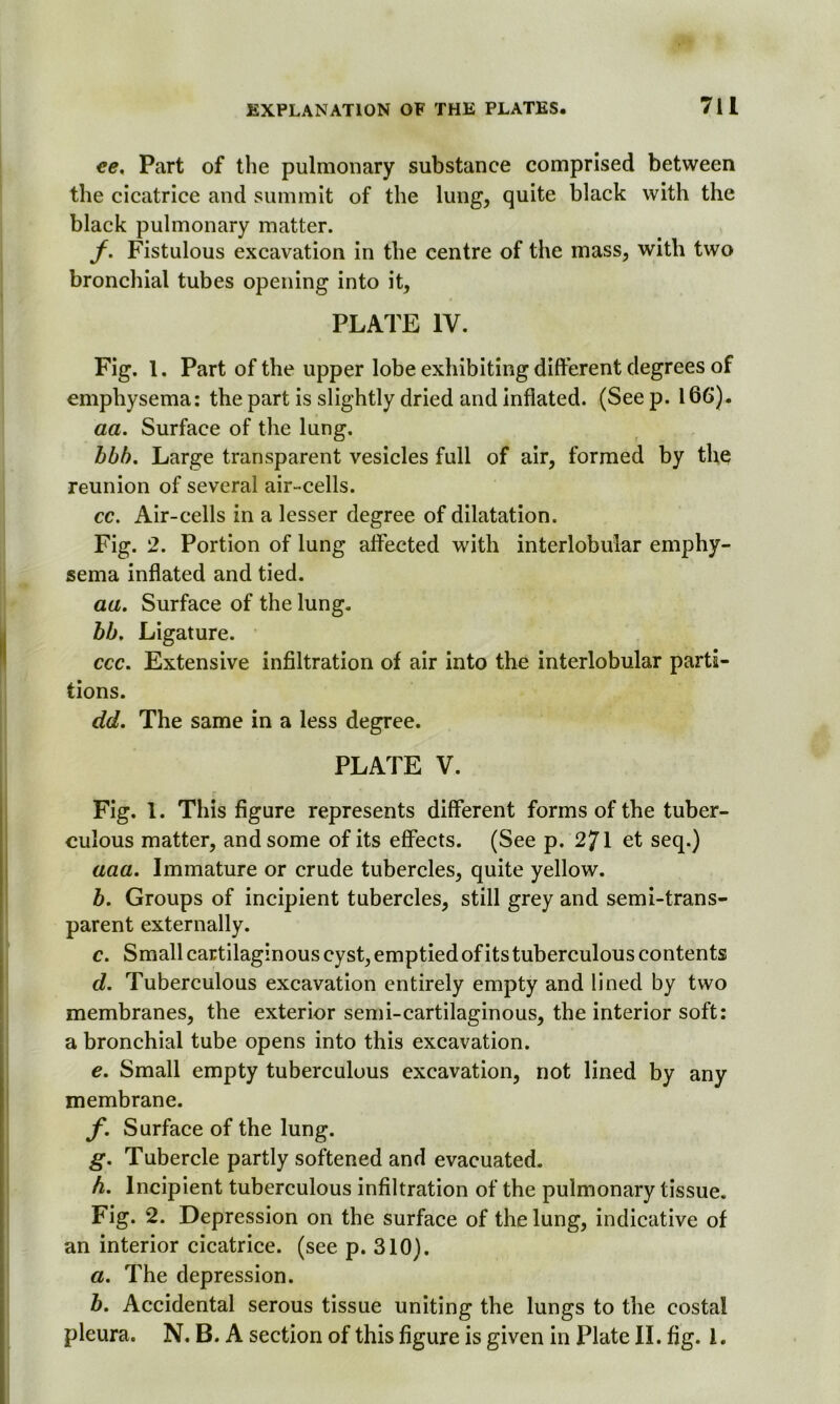 ce. Part of the pulmonary substance comprised between the cicatrice and summit of the lung, quite black with the black pulmonary matter. f. Fistulous excavation in the centre of the mass, with two bronchial tubes opening into it, PLATE IV. Fig. 1. Part of the upper lobe exhibiting different degrees of emphysema: the part is slightly dried and inflated. (Seep. 166). aa. Surface of the lung. bbb. Large transparent vesicles full of air, formed by the reunion of several air-cells. cc. Air-cells in a lesser degree of dilatation. Fig. 2. Portion of lung affected with interlobular emphy- sema inflated and tied. aa. Surface of the lung. bb. Ligature. ccc. Extensive infiltration of air into the interlobular parti- tions. dd. The same in a less degree. PLATE V. Fig. 1. This figure represents different forms of the tuber- culous matter, and some of its effects. (See p. 271 et seq.) aaa. Immature or crude tubercles, quite yellow. b. Groups of incipient tubercles, still grey and semi-trans- parent externally. c. Small cartilaginous cyst, emptiedof its tuberculous contents d. Tuberculous excavation entirely empty and lined by two membranes, the exterior semi-cartilaginous, the interior soft: a bronchial tube opens into this excavation. e. Small empty tuberculous excavation, not lined by any membrane. f. Surface of the lung. g. Tubercle partly softened and evacuated. h. Incipient tuberculous infiltration of the pulmonary tissue. Fig. 2. Depression on the surface of the lung, indicative of an interior cicatrice, (see p. 310). a. The depression. b. Accidental serous tissue uniting the lungs to the costa! pleura. N. B. A section of this figure is given in Plate II. fig. 1.