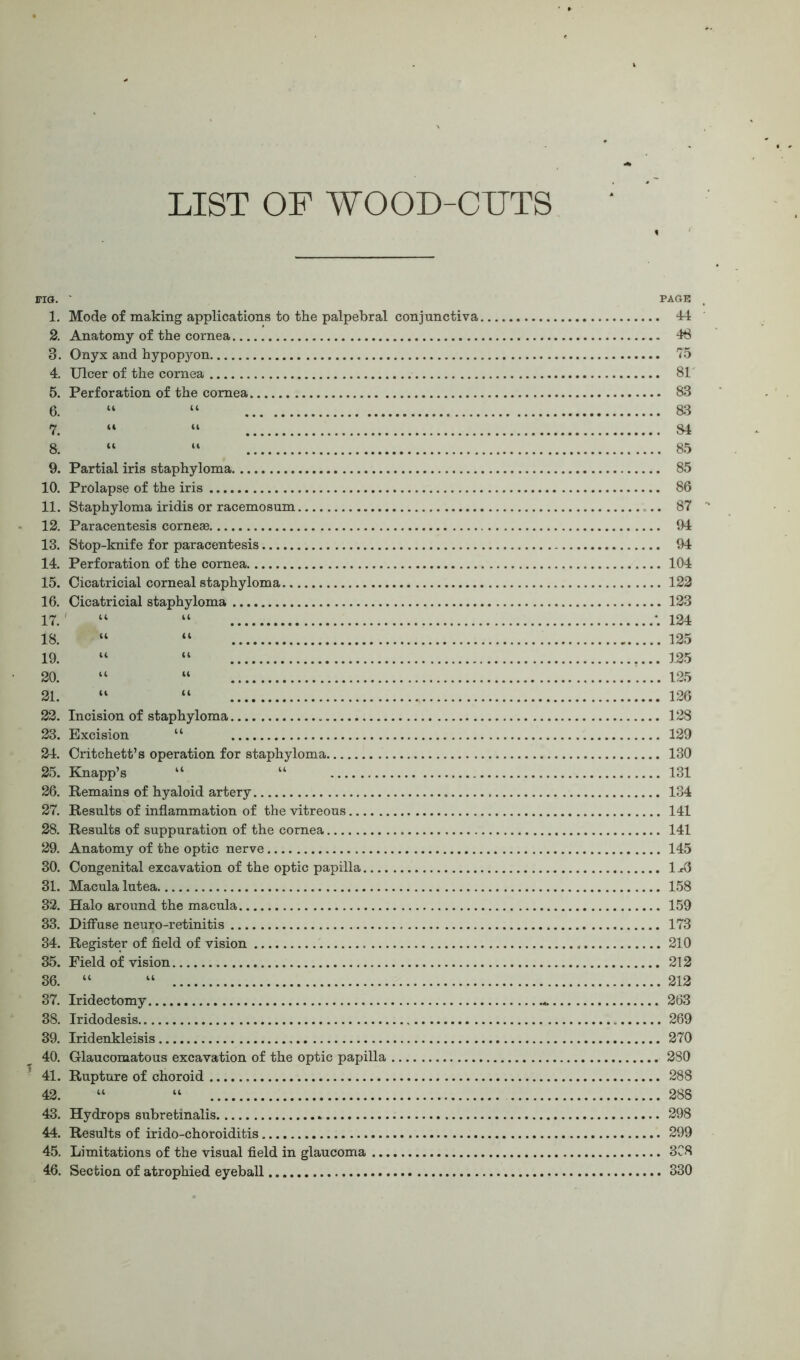 LIST OF WOOD-CUTS FIG. ' PAGE 1. Mode of making applications to the palpebral conjunctiva 44 2. Anatomy of the cornea 48 3. Onyx and hypopyon 75 4. Ulcer of the cornea 81 5. Perforation of the cornea 83 6. “ “ 83 7. “ “ 84 8. “ “ 85 9. Partial iris staphyloma 85 10. Prolapse of the iris 86 11. Staphyloma iridis or racemosum 87 12. Paracentesis corneae 94 13. Stop-knife for paracentesis 94 14. Perforation of the cornea 104 15. Cicatricial corneal staphyloma 122 16. Cicatricial staphyloma 123 17. “ “ *. 124 18. “ “ 125 19. “ “ 125 20. “ “ 125 21. “ “ 126 22. Incision of staphyloma 128 23. Excision “ 129 24. Critchett’s operation for staphyloma 130 25. Knapp’s “ “ 131 26. Remains of hyaloid artery 134 27. Results of inflammation of the vitreous 141 28. Results of suppuration of the cornea 141 29. Anatomy of the optic nerve 145 30. Congenital excavation of the optic papilla 1^6 31. Macula lutea 158 32. Halo around the macula 159 33. Diffuse neuro-retinitis 173 34. Register of field of vision 210 35. Field of vision 212 36. “ “ 212 37. Iridectomy 263 38. Iridodesis 269 39. Iridenkleisis 270 40. Glaucomatous excavation of the optic papilla 280 41. Rupture of choroid 288 42. “ “ 288 43. Hydrops subretinalis 298 44. Results of irido-choroiditis 299 45. Limitations of the visual field in glaucoma 3C8 46. Section of atrophied eyeball 330