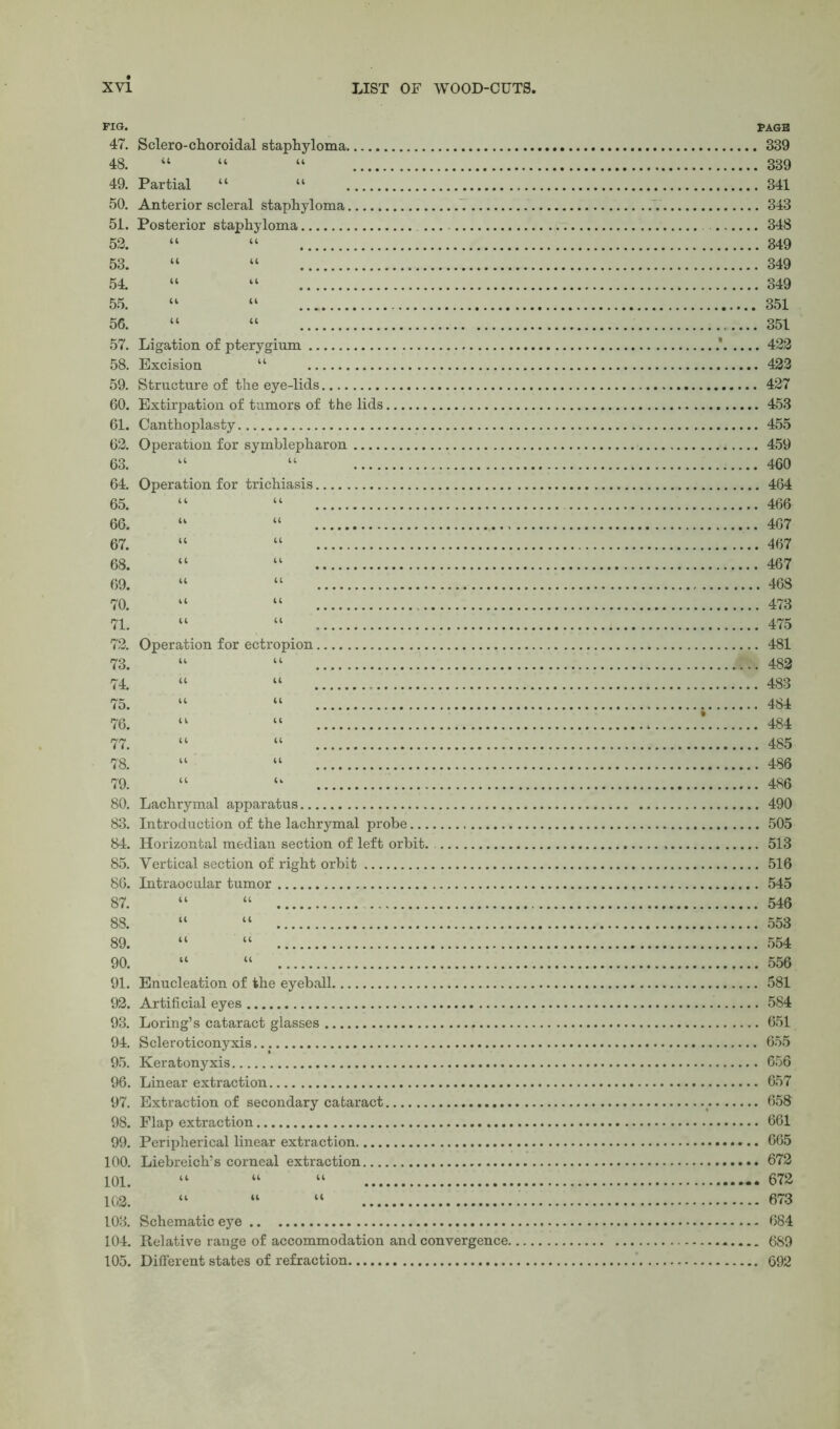 FIG. 47. 48. 49. 50. 51. 52. 53. 54. 55. 56. 57. 58. 59. 60. 61. 62. 63. 64. 65. 66. 67. 68. 69. 70. 71. 72. 73. 74. 75. 76. 77. 78. 79. 80. 83. 84. 85. 86. 87. 88. 89. 90. 91. 92. 93. 94. 95. 96. 97. 98. 99. 100. 101. 102. 103. 104. 105. Sclero-choroidal staphyloma. it it a Partial “ “ Anterior scleral staphyloma. Posterior staphyloma Ligation of pterygium Excision “ Structure of the eye-lids Extirpation of tumors of the lids, Canthoplasty Operation for symblepharon Operation for trichiasis. Operation for ectropion. Lachrymal apparatus Introduction of the lachrymal probe... Horizontal median section of left orbit. Vertical section of right orbit Intraocular tumor Enucleation of the eyeball Artificial eyes Loring’s cataract glasses Scleroticonyxis Keratonyxis Linear extraction Extraction of secondary cataract. Flap extraction Peripherical linear extraction Liebreich's corneal extraction Schematic eye Relative range of accommodation and convergence. Different states of refraction PAGE . 339 . 339 . 341 . 343 . 348 . 349 . 349 . 349 , 351 . 351 . 422 . 423 . 427 . 453 . 455 . 459 . 460 . 464 . 466 . 467 . 467 . 467 . 468 . 473 . 475 . 481 . 482 . 483 . 484 . 484 . 485 . 486 . 486 . 490 . 505 . 513 . 516 . 545 . 546 . 553 . 554 . 556 . 581 . 584 . 651 . 655 . 656 . 657 . 658 . 661 . 665 . 672 . 672 . 673 - 684 . 689 . 692