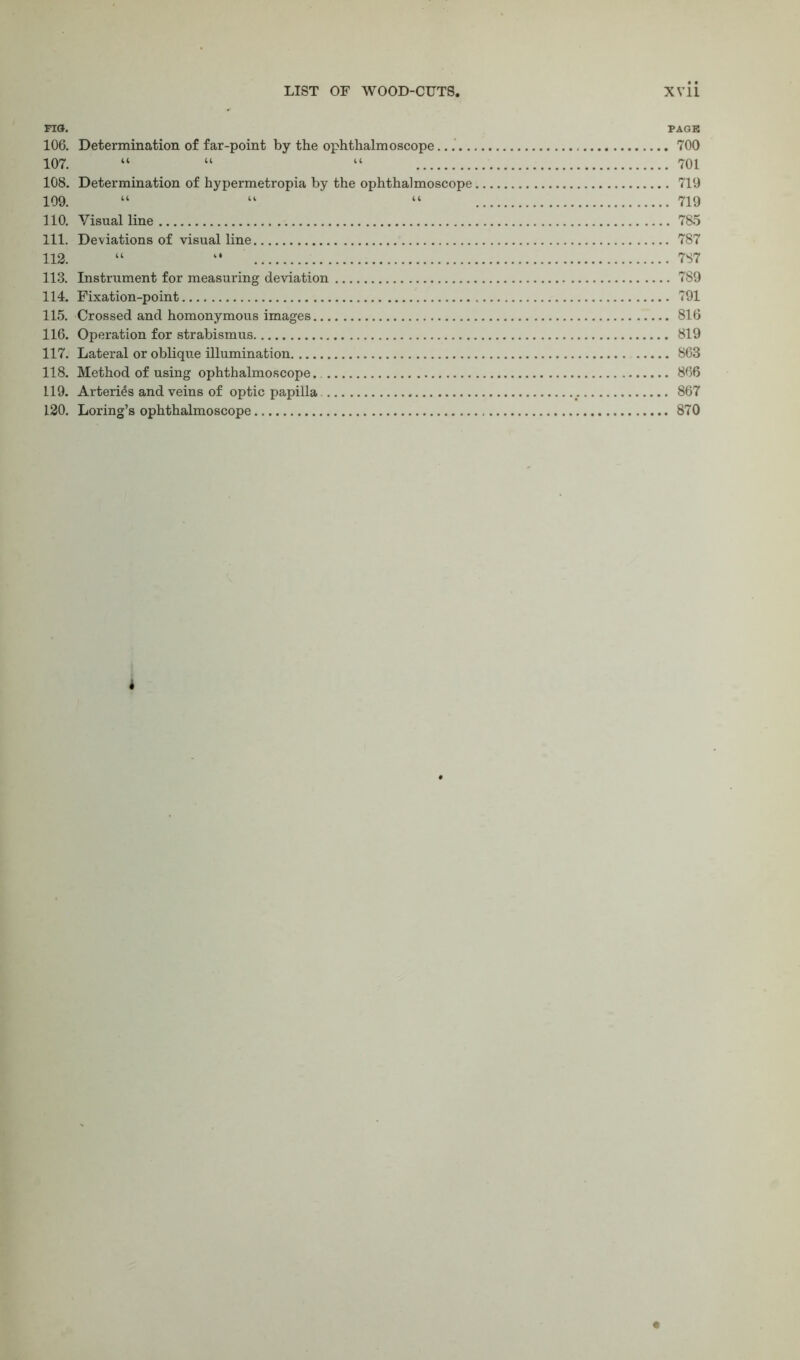 FIG. PAGE 106. Determination of far-point by the ophthalmoscope 700 107. “ “ “ 701 108. Determination of hypermetropia by the ophthalmoscope 719 109. “ 41 “ 719 110. Visual line 785 111. Deviations of visual line 787 112. 44 4* 787 113. Instrument for measuring deviation 789 114. Fixation-point 791 115. Crossed and homonymous images 816 116. Operation for strabismus 819 117. Lateral or oblique illumination 863 118. Method of using ophthalmoscope. 866 119. Arteries and veins of optic papilla t. 867 120. Loring’s ophthalmoscope 870