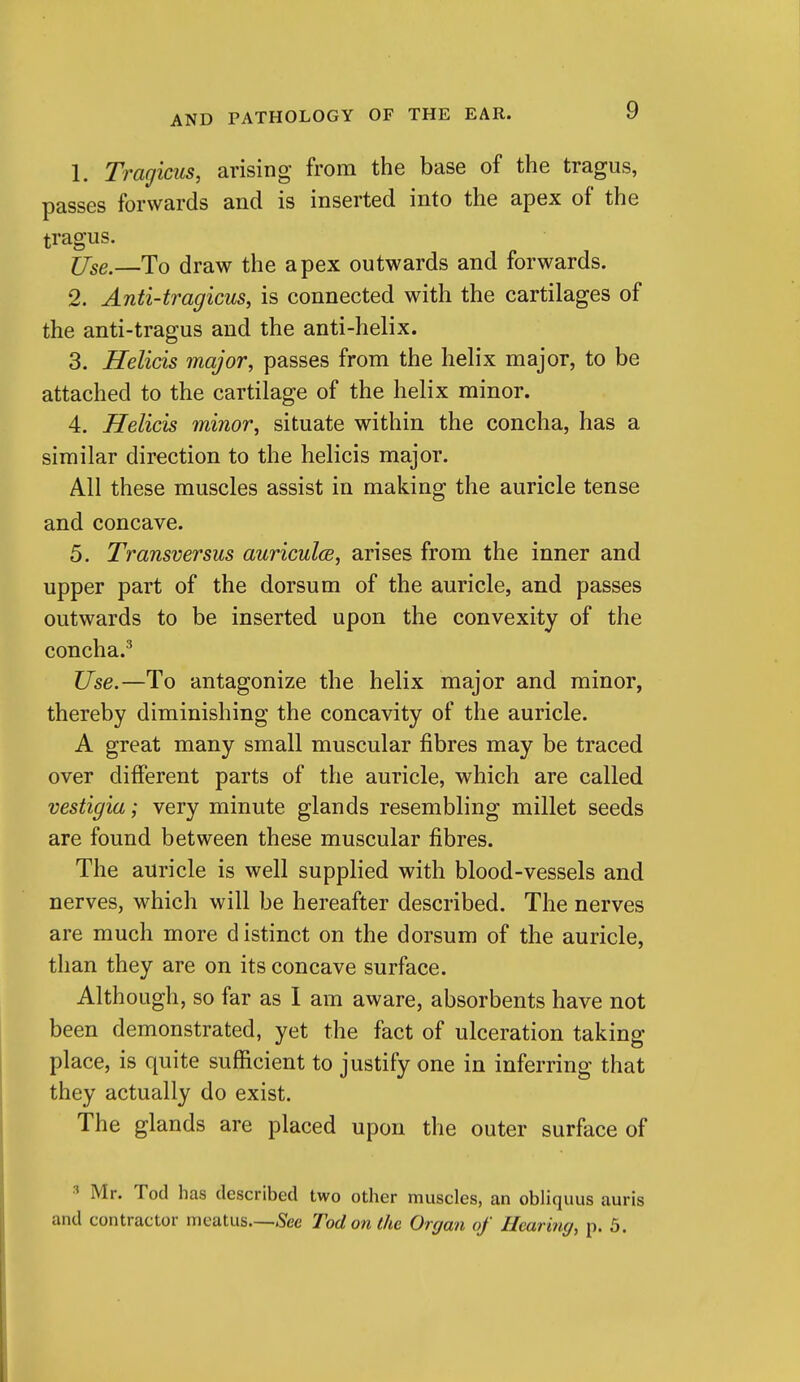 1. Tragicus, arising from the base of the tragus, passes forwards and is inserted into the apex of the tragus. Use.—To draw the apex outwards and forwards. 2. Anti-tragicus, is connected with the cartilages of the anti-tragus and the anti-helix. 3. Helicis major, passes from the helix major, to be attached to the cartilage of the helix minor. 4. Helicis minor, situate within the concha, has a similar direction to the helicis major. All these muscles assist in making the auricle tense and concave. 5. Transversus auriculce, arises from the inner and upper part of the dorsum of the auricle, and passes outwards to be inserted upon the convexity of the concha.^ Use.—To antagonize the helix major and minor, thereby diminishing the concavity of the auricle. A great many small muscular fibres may be traced over different parts of the auricle, which are called vestigia; very minute glands resembling millet seeds are found between these muscular fibres. The auricle is well supplied with blood-vessels and nerves, which will be hereafter described. The nerves are much more d istinct on the dorsum of the auricle, than they are on its concave surface. Although, so far as I am aware, absorbents have not been demonstrated, yet the fact of ulceration taking place, is quite sufficient to justify one in inferring that they actually do exist. The glands are placed upon the outer surface of •■» Mr. Tod has described two other muscles, an obliquus auris and contractor meatus—See Tod on the Organ of Hearing, p. 5.