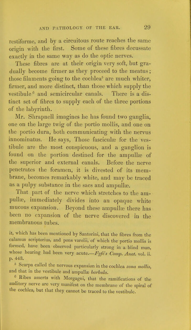 restiforme, and by a circuitous route reaches the same orioin with the first. Some of these fibres decussate to exactly in the same way as do the optic nerves. These fibres are at their origin very soft, but gra- dually become firmer as they proceed to the meatus; those filaments going to the cochlea^ are much whiter, firmer, and more distinct, than those which supply the vestibule ^ and semicircular canals. There is a dis- tinct set of fibres to supply each of the three portions of the labyrinth. Mr. Shrapnell imagines he has found two ganglia, one on the large twig of the portio mollis, and one on the portio dura, both communicating with the nervus innominatus. He says. Those fasciculee for the ves- tibule are the most conspicuous, and a ganglion is found on the portion destined for the ampullae of the superior and external canals. Before the nerve penetrates the foramen, it is divested of its mem- brane, becomes remarkably white, and may be traced as. a pulpy substance in the sacs and ampullae. That part of the nerve which stretches to the am- pullae, immediately divides into an opaque white mucous expansion. Beyond these ampulla there has been no expansion of the nerve discovered in the membranous tubes. it, which has been mentioned by Santorini, that the fibres from the calamus scriptorius, and pons varolii, of which the portio mollis is formed, have been observed particularly strong in a blind man, whose hearing had been very acute.—i^y/e'* Comp. Anat. vol. ii. p. 443. 5 Scarpa called the nervous expansion in the cochlea zona mollis, and that in the vestibule and ampulla; barbula. 6 Ribes asserts with Morgagni, that the ramifications of the auditory nerve are very manifest on the membrane of the spiral of the cochlea, but that they cannot be traced to the vestibule.