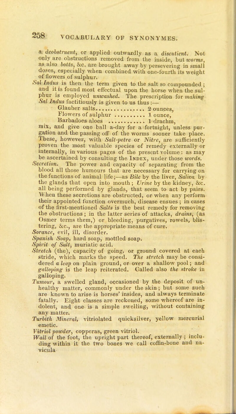 a, deobstruent, or applied outwardly as a discutient. Not only are obstructions removed from the inside, but worms, as also bolts, &c. are brought away'by persevering in small doses, especially wdien combined with oue-lourth its weight of llowers of sulphur. Sal Indus is then the term given to the salt so compounded ; and it is found most effectual upon the horse when the sul- phur is employed unwashed. The prescription for making Sal Indus factitiously is given to us thus :— Glauber salts 2 ounces, Flowers of sulphur 1 ounce, Barbadoes aloes 1 drachm, mix, and give one ball a-day for a fortnight, unless pur- gation and the passing off of the worms sooner take place. These, however, with Salt-petre or Nitre, are sufficiently proven the most valuable species of remedy externally or internally, in various pages of the present volume: as may be ascertained by consulting the Index, under those words. Secretion. The power and capacity of separating from the blood all those humours that are necessary for carrying on the functions of animal life;—as Bile by the liver, Saliva by the glands that open into mouth ; Urine by the kidney, &c. all being performed by glands, that seem to act by pairs. When these secretions are obstructed, or when any perform their appointed function overmuch, disease ensues ; in cases of the first-mentioned Salts is the best remedy for removing the obstructions; in the latter series of attacks, drams, (as Osmer terms them,) or bleeding, purgatives, rowels, blis- tering, &c., are the appropriate means of cure. Sorance, evil, ill, disorder. Spanish Soap, hard soap, mottled soap. Spirit of Salt, muriatic acid. Stretch (the), capacity of going, or ground covered at each stride, which marks the speed. The stretch may be consi- dered a leap on plain ground, or over a shallow pool; and galloping is the leap reiterated. Galled also the stroke in galloping. Tumour, a swelled gland, occasioned by the deposit of un- healthy matter, commonly under the skin; but some such are known to arise is horses’ insides, and always terminate fatally. Eight classes are reckoned, some whereof are in- dolent, and one is a simple swelling, without containing any matter. Turbith Mineral, vitriolated quicksilver, yellow mercurial emetic. Vitriol powder, copperas, green vitriol. Wall of the foot, the upright part thereof, externally ; inclu- ding within it the two bones we call coffin-bone and na- vicula