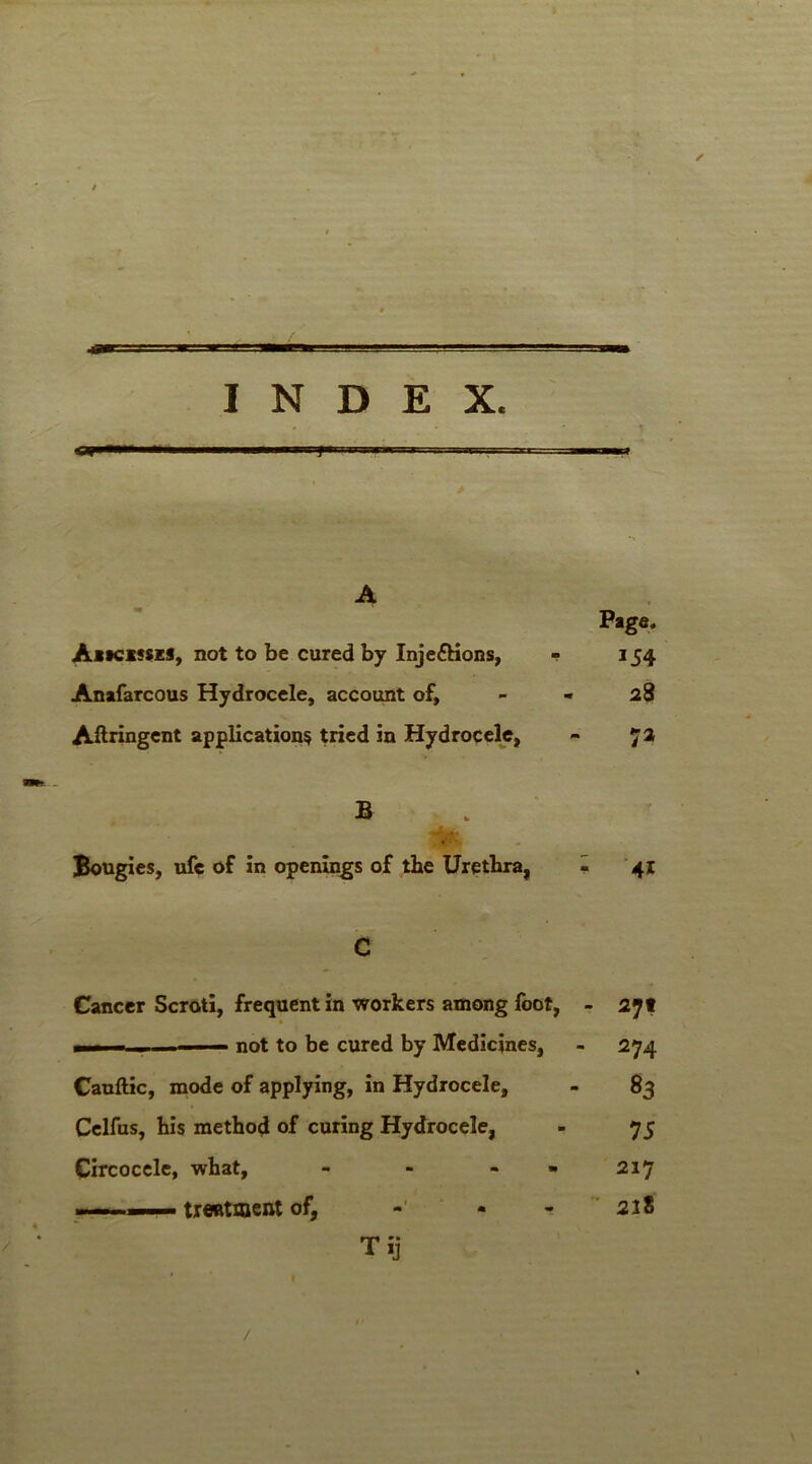 INDEX. A Abscisses, not to be cured by Inje&ions, Anafarcous Hydrocele, account of, Aftnngent application? tried in Hydrocele, B Bougies, ufc of in openings of the Urethra, - 41 C Cancer Scroti, frequent in workers among foot, - ■n .. ■ - not to be cured by Medicines, - 274 Cauftic, mode of applying, in Hydrocele, - 83 Celfus, his method of curing Hydrocele, - 75 Circocele, what, - - - 217 ■ ■ , ■ - treatment of, - - 228 Tij Page. 154 28 7*