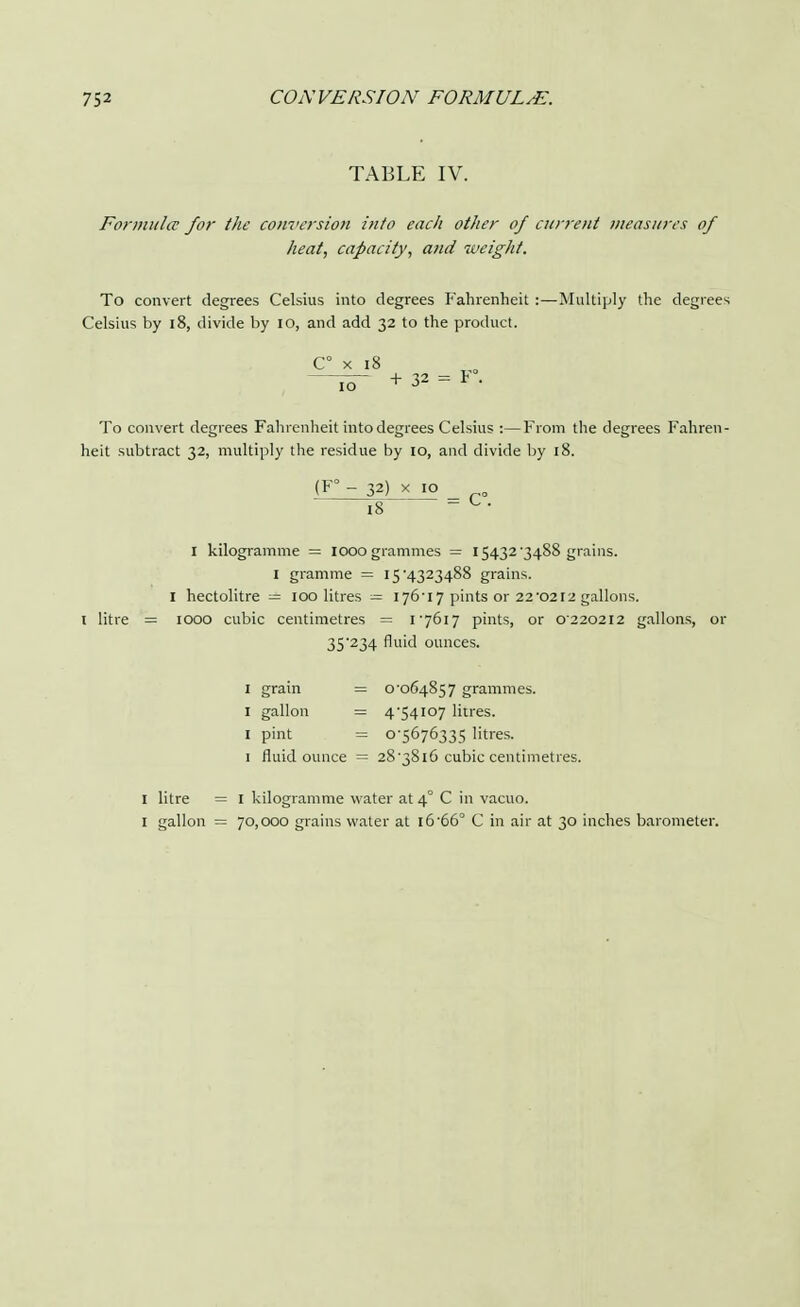 TABLE IV. Formula for the conversion into each other of current measures of heat, capacity, and weight. To convert degrees Celsius into degrees Fahrenheit :—Multiply the degrees Celsius by 18, divide by 10, and add 32 to the product. C° x 18 —7?r + 32 = f • To convert degrees Fahrenheit into degrees Celsius :—From the degrees Fahren- heit subtract 32, multiply the residue by 10, and divide by 18. (F° - 32) x 10 _ 18 ~ C- I kilogramme = 1000 grammes = 15432'3488 grains. I gramme = 15*4323488 grains. 1 hectolitre = 100 litres = 176-17 pints or 22'02I2 gallons. I litre = 1000 cubic centimetres = 17617 pints, or 0220212 gallons, or 35-234 fluid ounces. 1 grain = 0-064857 grammes. 1 gallon = 4*54107 litres. 1 pint = 0 5676335 litres. 1 fluid ounce = 28-3816 cubic centimetres. I litre = I gallon = I kilogramme water at 40 C in vacuo. 70,000 grains water at 16'66° C in air at 30 inches barometer.