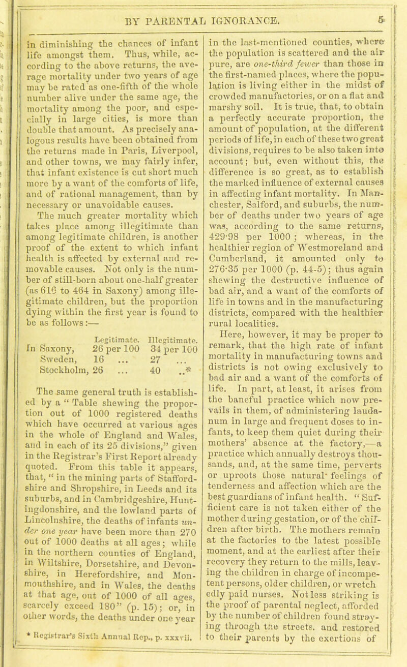in diminishing the chances of infant life amongst them. Thus, while, ac- cording to the above returns, the ave- rage mortality under two years of age may he rated as one-fifth of the whole number alive under the same age, the mortality among the poor, and espe- cially in large cities, is more than double that amount. As precisely ana- logous results have been obtained from the returns made in Paris, Liverpool, and other towns, we may fairly infer, that infant existence is cut short much more by a want of the comforts of life, and of rational management, than by necessary or unavoidable causes. The much greater mortality which takes place among illegitimate than among legitimate children, is another proof of the extent to which infant health is affected by external and re- movable causes. Not only is the num- ber of still-born about one-half greater (as 610 to 464 in Saxony) among ille- gitimate children, hut the proportion dying within the first year is found to he as follows:— Legitimate. Illegitimate. In Saxony, 26 per 100 34 per 100 Sweden, 16 ... 27 Stockholm, 26 ... 40 The same general truth is establish- ed by a “ Table shewing the propor- tion out of 1000 registered deaths ■which have occurred at various ages in the whole of England and Wales, and in each of its 25 divisions,” given in the Registrar’s First Report already quoted. From this table it appears, that, “ in the mining parts of Stafford- shire and Shropshire, in Leeds and its suburbs, and in Cambridgeshire, Hunt- ingdonshire, and the lowland parts of Lincolnshire, the deaths of infants un- der one year have been more than 270 out of 1000 deaths at all ages; while in the northern counties of England, in Wiltshire, Dorsetshire, and Devon- shire, in Herefordshire, and Mon- mouthshire, and in Wales, the deaths at that age, out of 1000 of all ages, scarcely exceed 180” (p. 15); or, in other words, the deaths under one year * Registrar’s Sixth Annual Rep., p. xxxvii. in the last-mentioned counties, where the population is scattered and the air pure, are one-third fewer than those in the first-named places, where the popu- lation is living either in the midst of crowded manufactories, or on a flat and marshy soil. It is true, that, to obtain a perfectly accurate proportion, the amount of population, at the different periods of life, in each of these two great divisions, requires to be also taken into account; but, even without this, the difference is so great, as to establish the marked influence of external causes in affecting infant mortality. In Man- chester, Salford, and suburbs, the num- ber of deaths under two years of age j was, according to the same returns, J 429'98 per 1000 ; whereas, in the j healthier region of Westmoreland and j Cumberland, it amounted only to 276-35 per 1000 (p. 44-5); thus again shewing the destructive influence of had air, and a want of the comforts of life in towns and in the manufacturing districts, compared with the healthier rural localities. Here, however, it may he proper to x-emark, that the high rate of infant mortality in manufacturing towns and districts is not owing exclusively to | bad air and a want of the comforts of life. In part, at least, it arises from the baneful practice which now pre- vails in them, of administering lauda- num in large and frequent doses to in- fants, to keep them quiet during then’ mothers’ absence at the factory,—a practice which annually destroys thou- sands, and, at the same time, perverts or uproots those natural* feelings of tenderness and affection w-hich are the best guardians of infant health. “ Suf- ficient care is not taken either of the mother during gestation, or of the chil- dren after birth. The mothers remain at the factox’ies to the latest possible moment, and at the earliest after their recovei-y they return to the mills, leav- ing the children in charge of incompe- tent persons, older children, or wretch edly paid nurses. Not less striking is the proof of parental neglect, afforded by the number of children found stray- ing through tfte streets, and restored to their parents by the exertions of i