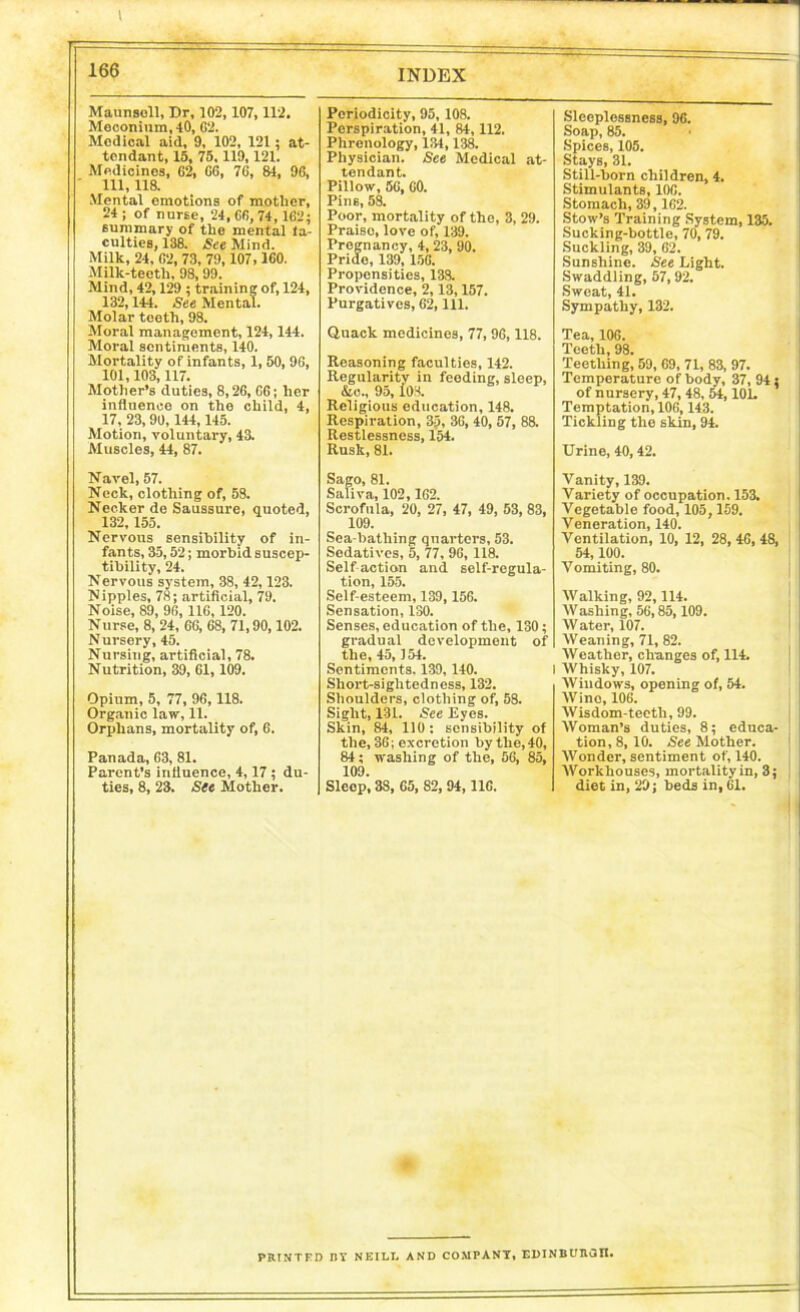 I 166 Maunsoll, Dr, 102, 107,112. Meconium, 40, G2. Medical aid, 9, 102, 121: at- tendant, 15, 75. 119,121. Medicines, 02, 06, 70, 84, 96, 111, 118. Mental emotions of mother, 24; of nurse, 24, 60, 74, 1G2; summary of the mental fa- culties, 138. See Mind. Milk, 24, 02, 73, 79, 107,160. Milk-teeth, 98,99. Mind, 42,129 ; training of, 124, 132,144. See Mental. Molar teeth, 98. Moral management, 124, 144. Moral sentiments, 140. Mortality of infants, 1, 50, 90, 101,103,117. Mother’s duties, 8,26, CO; her influence on the child, 4, 17, 23, 90, 144, 145. Motion, voluntary, 43. Muscles, 44, 87. Navel, 57. Neck, clothing of, 58. Necker de Saussure, quoted, 132, 155. Nervous sensibility of in- fants, 35,52; morbid suscep- tibility, 24. Nervous system, 38, 42,123. Nipples, 78; artificial, 79. Noise, 89, 96, 116, 120. Nurse, 8, 24, 66, 68, 71,90,102. Nursery, 45. Nursing, artificial, 78. Nutrition, 39, 61, 109. Opium, 5, 77, 96,118. Organic law, 11. Orphans, mortality of, 6. Panada, 63, 81. Parent’s influence, 4,17; du- ties, 8, 23. See Mother. INDEX Poriodicity, 95, 108. Perspiration, 41, 84,112, Phrenology, 131,138. Physician. See Medical at- tendant. Pillow, 56, 60. Pin 8, 58. Poor, mortality of the, 3, 29. Praiso, love of, 139. Pregnancy, 4, 23, 90. Pride, 139,156. Propensities, 138. Providence, 2,13,157. Purgatives, 62, 111. Quack medicines, 77, 9G, 118. Reasoning faculties, 142. Regularity in feeding, sleep, &o., 95,108. Religious education, 148. Respiration, 3j, 36, 40, 57, 88. Restlessness, 154. Rusk, 81. Sago, 81. Saliva, 102,162. Scrofula, 20, 27, 47, 49, 53, 83, 109. Sea-bathing quarters, 53. Sedatives, 5, 77, 96, 118. Self action and self-regula- tion, 155. Self-esteem, 139, 156. Sensation, 130. Senses, education of the, 130; gradual development of the, 45,154. Sentiments. 139, 140. I Short-sightedness, 132. Shoulders, clothing of, 58. Sight, 131. See Eyes. Skin, 84, 110 : sensibility of the, 36; excretion by the, 40, 84; washing of the, 56, 85, 109. Sleep, 38, 65, 82, 94,116. Sleeplessness, 96. Soap, 85. Spices, 105. Stays, 31. Still-born children, 4. Stimulants, 106. Stomach, 39,162. Stow’s Training System, 135. Sucking-bottle, 70, 79. Suckling, 39, 62. Sunshine. See Light. Swaddling, 57,92. Sweat, 41. Sympathy, 132. Tea, 106. Teeth, 98. Teething, 59, 69, 71, 83, 97. Temperature of body, 37, 94 5 of nursery, 47,48, 54,10L Temptation, 106, 143. Tickling the skin, 94. Urine, 40,42. Vanity, 139. Variety of occupation. 153. Vegetable food, 105,159. Veneration, 140. Ventilation, 10, 12, 28, 46, 48, 54, 100. Vomiting, 80. Walking, 92,114. Washing, 56,85, 109. Water, 107. Weaning, 71, 82. Weather, changes of, 114. Whisky, 107. Windows, opening of, 54. Wino, 106. Wisdom-teeth, 99. Woman’s duties, 8; educa- tion, 8,10. See Mother. Wonder, sentiment of, 140. Workhouses, mortality in, 3; diet in, 29; beds in, 61. PRINTED BY NEILI, AND COMPANT, EDINBURGH.
