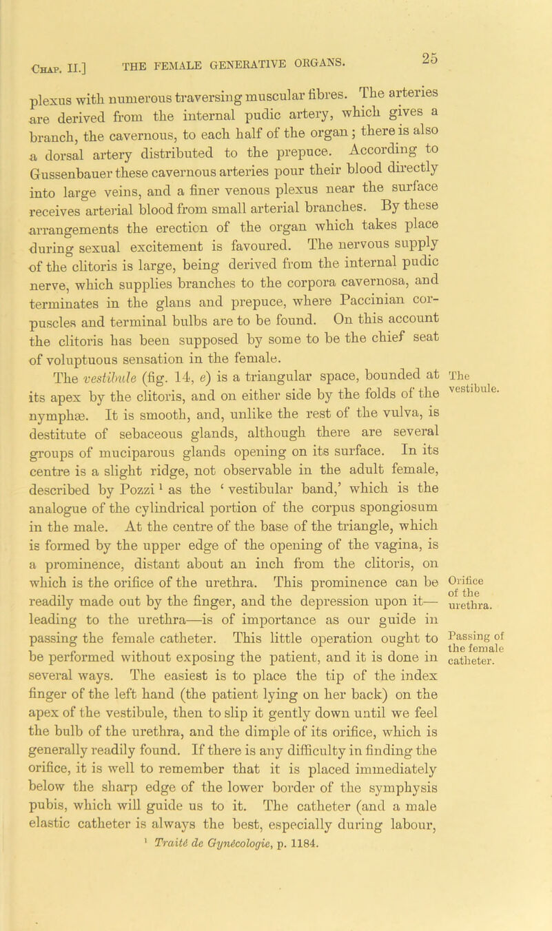plexus with numerous traversing muscular fibres. The arteries are derived from the internal pudic artery, which gives a branch, the cavernous, to each half of the organ; there is also a dorsal artery distributed to the prepuce. According to Gussenbauer these cavernous arteries pour their blood directly into large veins, and a finer venous plexus near the surface receives arterial blood from small arterial branches. By these arrangements the erection of the organ which takes place during sexual excitement is favoured. The nervous supply of the clitoris is large, being derived from the internal pudic nerve, which supplies branches to the corpora cavernosa, and terminates in the glans and prepuce, where Paccinian cor- puscles and terminal bulbs are to be found. On this account the clitoris has been supposed by some to be the chief seat of voluptuous sensation in the female. The vestibule (fig. 14, e) is a triangular space, bounded at its apex by the clitoris, and on either side by the folds of the nymphte. It is smooth, and, unlike the rest of the vulva, is destitute of sebaceous glands, although there are several groups of muciparous glands opening on its surface. In its centre is a slight ridge, not observable in the adult female, described by Pozzi1 as the ‘ vestibular band,’ which is the analogue of the cylindrical portion of the corpus spongiosum in the male. At the centre of the base of the triangle, which is formed by the upper edge of the opening of the vagina, is a prominence, distant about an inch from the clitoris, on which is the orifice of the urethra. This prominence can be readily made out by the finger, and the depression upon it— leading to the urethra—is of importance as our guide in passing the female catheter. This little operation ought to be performed without exposing the patient, and it is done in several ways. The easiest is to place the tip of the index finger of the left hand (the patient lying on her back) on the apex of the vestibule, then to slip it gently down until we feel the bulb of the urethra, and the dimple of its orifice, which is generally readily found. If there is any difficulty in finding the orifice, it is well to remember that it is placed immediately below the sharp edge of the lower border of the symphysis pubis, which will guide us to it. The catheter (and a male elastic catheter is always the best, especially during labour, 1 Traiti dc Gynecologic, p. 1184. The vestibule. Orifice of the urethra. Passing of the female catheter.