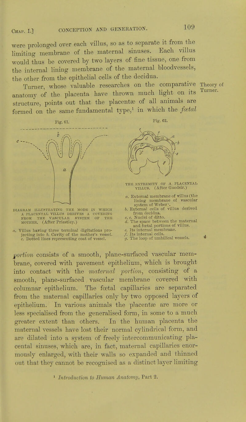 were prolonged over each villus, so as to separate it from the limiting membrane of the maternal sinuses. Each villus would thus be covered by two layers of fine tissue, one from the internal lining membrane of the maternal bloodvessels, the other from the epithelial cells of the decidua. Turner, whose valuable researches on the comparative Theory of anatomy of the placenta have thrown much light on its structure, points out that the placentte of all animals are formed on the same fundamental type,^ in which the foetal Pig. 61. Fig. 62. c — DIAGUA.'ir ILL0STIIATIXG THE ItODE L\ WHICH A TLACKXTAL VILLU.S DEHIVES A CO^HJlXKIi rnO.M THE VASCULAJl SYSTEM OF THE MOTHER. (After Priestley.) a. Villus having three terminal fiigitations pro- jecting into 6. Cavitj- of the mother's vessel, c. Dotted lines representing coat of vessel. THE EXTREMITY OP A PLACENTAL ■NaLLUS. (After Goodsir.) a. External membrane of villus (the lining membrane of vascular system of Weber'. 6. External cells of villus derived from decidua. c, c. Nuclei of ditto. (/. The space between the maternal and foetal portions of villus. e. Its interual membrane. /. Its internal cells. ;/. The loop of umbilical vessels. j^ortion consists of a smooth, plane-sui-faced vascular mem- larane, covered with pavement epithelium, which is brought into contact with the maternal portion, consisting of a smooth, plane-surfaced vascular membrane covered with columnar epithelium. The foetal capillaries are separated from the maternal capillaries only by two opposed layers of epithelium. In various animals the placentEe are more or less specialised from the generalised form, in some to a much greater extent than others. In the human placenta the maternal vessels have lost their normal cylindrical form, and are dilated into a system of freely intercommunicating pla- cental sinuses, which are, in fact, maternal capillaries enor- mously enlarged, with their walls so expanded and thinned out that they cannot be recognised as a distinct layer limiting ' Introduction to Human Anatomy, Part 2.