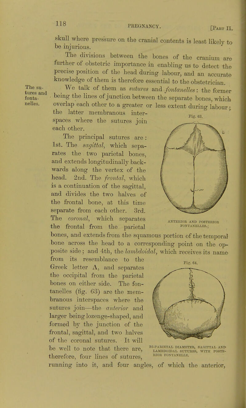 PllEGNANCY. [Pabt II. The su- tures and fonta- nelles. Pig. 63. skull where pressure on the cranial contents is least likely to be injurious. The divisions between the bones of the cranium are further of obstetric importance in enabling us to detect the precise position of the head during labour, and an accurate knowledge of them is therefore essential to the obstetrician. We talk of them as sutures and fontanelles: the former being the lines of junction between the separate bones, which overlap each other to a greater or less extent during labour • the latter membranous inter- ^ spaces where the sutures join each other. The principal sutures are: 1st. The sagittal, which sepa- rates the two parietal bones, and extends longitudinally back- wards along the vertex of the head, 2nd. The frontal, which is a continuation of the sagittal, and divides the two halves of the frontal bone, at this time separate from each other. 3rd. The coronal, which separates the frontal from the parietal bones, and extends from the squamous portion of the temporal bone across the head to a corresponding point on the op- posite side; and 4th, the lamhdoidal, which receives its name from its resemblance to the Greek letter A, and separates the occipital from the parietal bones on either side. The fon- tanelles (fig. 63) are the mem- branous interspaces where the sutures join—the anterior and larger being lozenge-shaped, and formed by the junction of the frontal, sagittal, and two halves of the coronal sutures. It will be well to note that there are, therefore, four lines of sutures, running into it, and four angles, of which the anterior, ANTEKIOK AND POSTKRIOR FONTANELLES.; Pi.?. 64. Br-rAUIETAT, DIAMKTEn, SAOITTAT, AND- LASIBDOIDAL SUTURES, WrTH POSTK- niOR FON'I ANELLE.