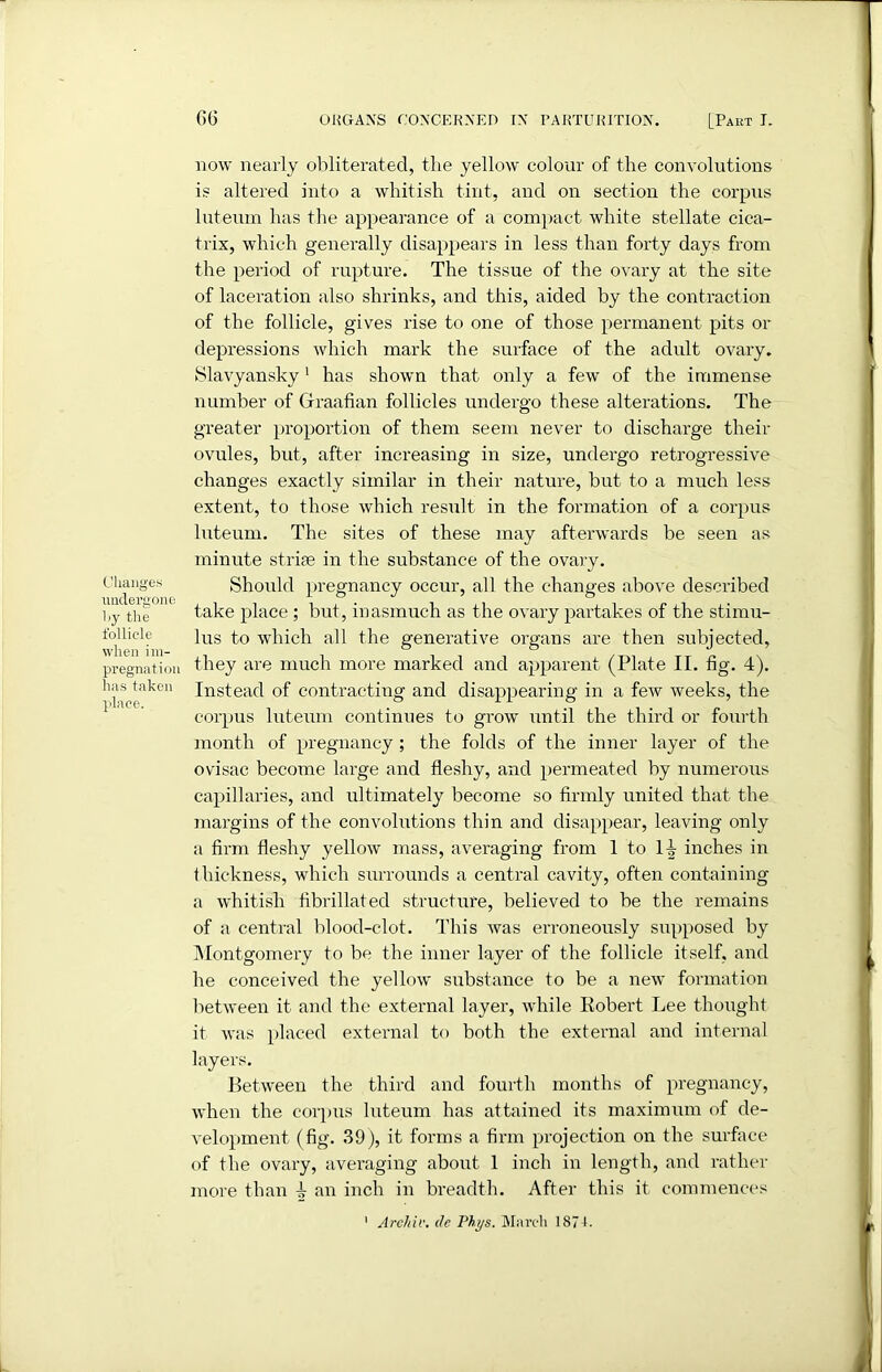 Changes undergone liy the follicle when im- pregnation has taken place. 66 ORGANS CONCERNED IN PARTURITION. [Part I. now nearly obliterated, the yellow colour of the convolutions is altered into a whitish tint, and on section the corpus luteum has the appearance of a compact white stellate cica- trix, which generally disappears in less than forty days from the period of rupture. The tissue of the ovary at the site of laceration also shrinks, and this, aided by the contraction of the follicle, gives rise to one of those permanent pits or depressions which mark the surface of the adult ovary. Slavyansky1 has shown that only a few of the immense number of Graafian follicles undergo these alterations. The greater proportion of them seem never to discharge their ovules, but, after increasing in size, undergo retrogressive changes exactly similar in their nature, but to a much less extent, to those which result in the formation of a corpus luteum. The sites of these may afterwards be seen as minute striae in the substance of the ovary. Should pregnancy occur, all the changes above described take place ; but, inasmuch as the ovary partakes of the stimu- lus to which all the generative organs are then subjected, they are much more marked and apparent (Plate II. fig. 4). Instead of contracting and disappearing in a few weeks, the corpus luteum continues to grow until the third or fourth month of pregnancy ; the folds of the inner layer of the ovisac become large and fleshy, and permeated by numerous capillaries, and ultimately become so firmly united that the margins of the convolutions thin and disappear, leaving only a firm fleshy yellow mass, averaging from 1 to U inches in thickness, which surrounds a central cavity, often containing a whitish fibrillated structure, believed to be the remains of a central blood-clot. This was erroneously supposed by Montgomery to be the inner layer of the follicle itself, and he conceived the yellow substance to be a new formation between it and the external layer, while Robert Lee thought it was placed external to both the external and internal layers. Between the third and fourth months of pregnancy, when the corpus luteum has attained its maximum of de- velopment (fig. 39), it forms a firm projection on the surface of the ovary, averaging about 1 inch in length, and rather more than 4 an inch in breadth. After this it commences Arclnv. clc Phys. March 1871.