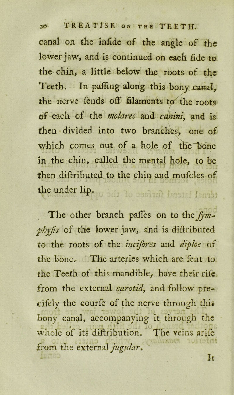 canal on the infide of the angle of the lower jaw, and is continued on each fide to the chin, a little below the roots of the Teeth. In paffing along this bonyxanal, the nerve fends off filaments tof the roots / of each of the molares and canini, and is then divided into two branches, one of which comes out of a hole of the bone in the chin, called the mental hole, to be then diftributed to the chin and mufcles of the under lip. The other branch paffes on to the fym phy/is of the lower jaw, and is diftributed to the roots of the incifores and diploe of the bone^r The arteries which are fent to the Teeth of this mandible, have their rife from the external carotid, and follow pre-> cifely the courfe of the nerve through this bony canal, accompanying it through the s whole of its diftribution. The veins a rife from the external jugular. It