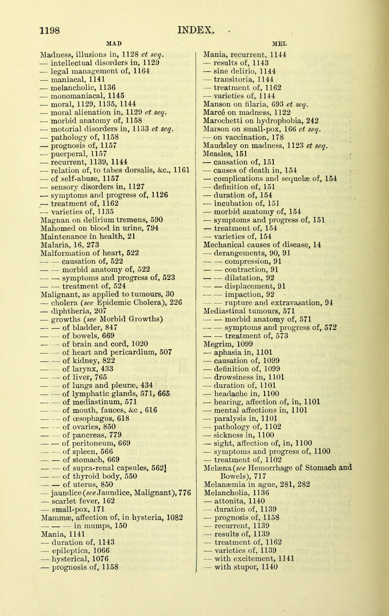 MAD MEL Madness, illusions in, 1128 et seq. ■— intellectual disorders in, 1129 — legal management of, 1164 -— maniacal, 1141 — melancholic, 1136 — monomaniacal, 1145 — moral, 1129, 1135, 1144 — moral alienation in, 1129 et seq. — morbid anatomy of, 1158 -— motorial disorders in, 1133 et seq. — pathology of, 1158 — prognosis of, 1157 — puerperal, 1157 — recurrent, 1139, 1144 — relation of, to tabes dorsalis, &c., 1161 ■— of self-abuse, 1157 -— sensory disorders in, 1127 — symptoms and progress of, 1126 — treatment of, 1162 — varieties of, 1135 Magnan on delirium tremens, 590 Mahomed on blood in urine, 794 Maintenance in health, 21 Malaria, 16, 273 Malformation of heart, 522 causation of, 522 — — morbid anatomy of, 522 symptoms and progress of, 523 treatment of, 524 Malignant, as applied to tumours, 30 — cholera (see Epidemic Cholera), 226 — diphtheria, 207 -— growths (see Morbid Growths) of bladder, 847 of bowels, 669 of brain and cord, 1020 of heart and pericardium, 507 of kidney, 822 of larynx, 433 of liver, 765 of lungs and pleurre, 434 of lymphatic glands, 571, 665 of mediastinum, 571 of mouth, fauces, &c , 616 of oesophagus, 618 of ovaries, 850 — — of pancreas, 779 of peritoneum, 669 of spleen, 566 — of stomach, 669 of supra-renal capsules, 562] of thyroid body, 550 of uterus, 850 — jaundice (see Jaundice, Malignant), 776 — scarlet fever, 162 — small-pox, 171 Mammae, affection of, in hysteria, 1082 in mumps, 150 Mania, 1141 •— duration of, 1143 — epileptica, 1066 — hysterical, 1076 — prognosis of, 1158 Mania, recurrent, 1144 — results of, 1143 — sine delirio, 1144 — transitoria, 1144 — treatment of, 1162 — varieties of, 1144 Manson on filaria, 693 et seq. Marce on madness, 1122 Marochetti on hydrophobia, 242 Marson on small-pox, 166 et seq. — on vaccination, 178 Maudsley on madness, 1123 et seq. Measles, 151 — causation of, 151 — causes of death in, 154 — complications and sequelae of, 154 — definition of, 151 — duration of, 154 — incubation of, 151 — morbid anatomy of, 154 — symptoms and progress of, 151 — treatment of, 154 — varieties of, 154 Mechanical causes of disease, 14 — derangements, 90, 91 —- — compression, 91 contraction, 91 dilatation, 92 displacement, 91 — -— impaction, 92 rupture and extravasation, 94 Mediastinal tumours, 571 morbid anatomy of, 571 symptoms and progress of, 572 treatment of, 573 Megrim, 1099 — aphasia in, 1101 — causation of, 1099 — definition of, 1099 — drowsiness in, 1101 — duration of, 1101 — headache in, 1100 — hearing, affection of, in, 1101 — mental affections in, 1101 — paralysis in, 1101 — pathology of, 1102 — sickness in, 1100 — sight, affection of, in, 1100 — symptoms and progress of, 1100 — treatment of, 1102 Mekena (see Hemorrhage of Stomach and Bowels), 717 Melansemia in ague, 2S1, 282 Melancholia, 1136 — attonita, 1140 — duration of, 1139 -— prognosis of, 1158 — recurrent, 1139 — results of, 1139 — treatment of, 1162 — varieties of, 1139 — with excitement, 1141 — with stupor, 1140