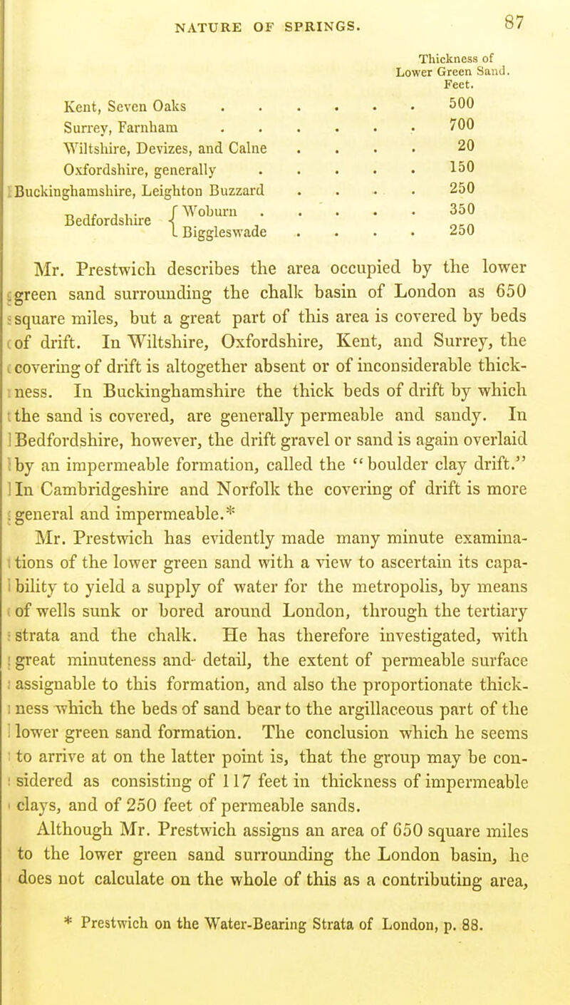 Kent, Seven Oaks Surrey, Farnham Wiltshire, Devizes, and Calne Oxfordshire, generally I Buckinghamshire, Leighton Buzzard i''oburu igglesvi'ade r Wc Bedfordshire ■{ iBie Thickness of Lower Green Sand. Feet. 500 700 20 150 250 350 250 Mr. Prestwich describes the area occupied by the lower cgreen sand surrounding the chalk basin of London as 650 : square miles, but a great part of this area is covered by beds (of drift. In Wiltshire, Oxfordshire, Kent, and Surrey, the (covermg of drift is altogether absent or of inconsiderable thick- .ness. In Buckinghamshire the thick beds of drift by which t the sand is covered, are generally permeable and sandy. In 1 Bedfordshire, however, the drift gravel or sand is again overlaid :by an impermeable formation, called the boulder clay drift. 1 In Cambridgeshire and Norfolk the covering of drift is more igeneral and impermeable.* Mr. Prestvrich has evidently made many minute examina- ) tions of the lower green sand with a view to ascertain its capa- i bility to yield a supply of water for the metropolis, by means . of wells sunk or bored around London, through the tertiary i strata and the chalk. He has therefore investigated, with ! great minuteness and- detail, the extent of permeable surface ; assignable to this formation, and also the proportionate thick- 1 ness which the beds of sand bear to the argillaceous part of the i lower green sand formation. The conclusion which he seems I to arrive at on the latter point is, that the group may be con- ! sidered as consisting of 117 feet in thickness of impermeable I clays, and of 250 feet of permeable sands. Although Mr. Prestwich assigns an area of 650 square miles to the lower green sand surrounding the London basin, he does not calculate on the whole of this as a contributing area. * Prestwich on the Water-Bearing Strata of London, p. 88.