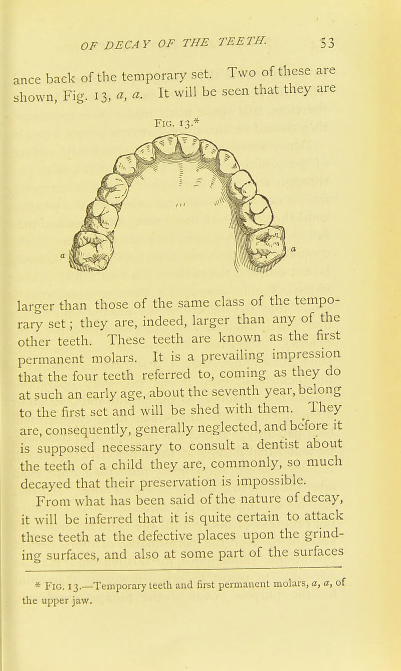 larger than those of the same class of the tempo- rary set; they are, indeed, larger than any of the other teeth. These teeth are known as the first permanent molars. It is a prevailing impression that the four teeth referred to, coming as they do at such an early age, about the seventh year, belong to the first set and will be shed with them. ^ They are, consequently, generally neglected, and before it is supposed necessary to consult a dentist about the teeth of a child they are, commonly, so much decayed that their preservation is impossible. From what has been said of the nature of decay, it will be inferred that it is quite certain to attack these teeth at the defective places upon the grind- ing surfaces, and also at some part of the surfaces * Fig. 13.—Temporary teeth and first permanent molars, a, a, of the upper jaw.