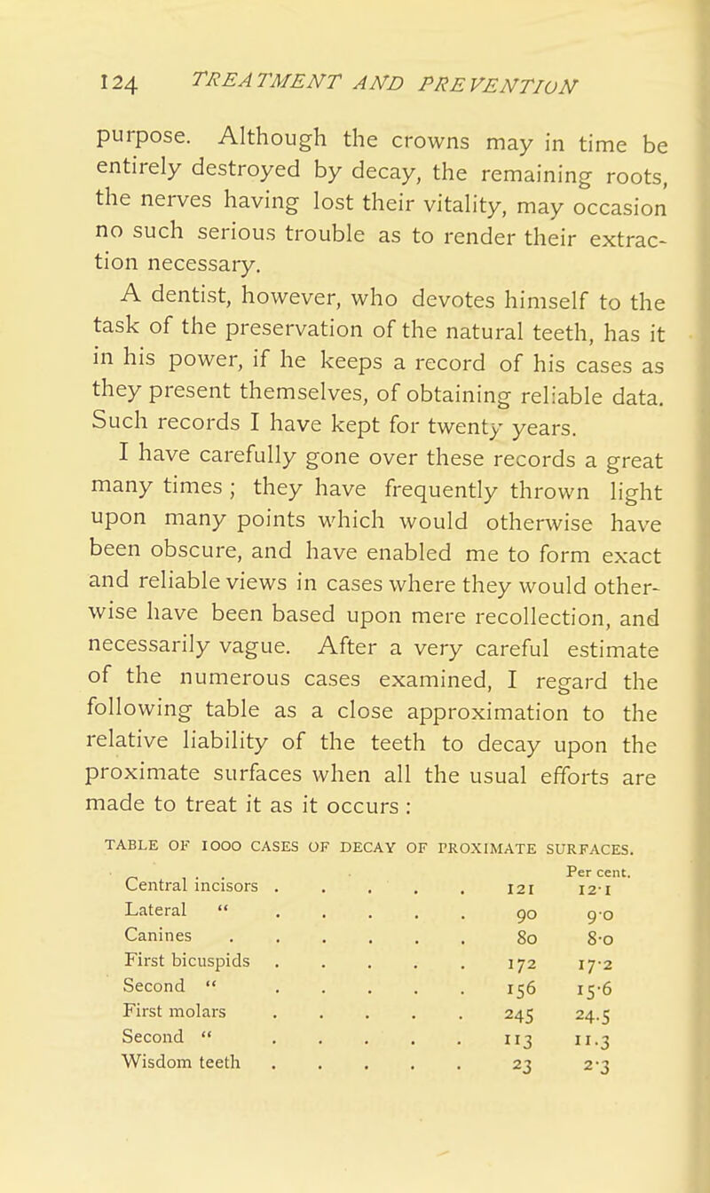 purpose. Although the crowns may in time be entirely destroyed by decay, the remaining roots, the nerves having lost their vitality, may occasion no such serious trouble as to render their extrac- tion necessary. A dentist, however, who devotes himself to the task of the preservation of the natural teeth, has it in his power, if he keeps a record of his cases as they present themselves, of obtaining reliable data. Such records I have kept for twenty years. I have carefully gone over these records a great many times ; they have frequently thrown light upon many points which would otherwise have been obscure, and have enabled me to form exact and reliable views in cases where they would other- wise have been based upon mere recollection, and necessarily vague. After a very careful estimate of the numerous cases examined, I regard the following table as a close approximation to the relative liability of the teeth to decay upon the proximate surfaces when all the usual efforts are made to treat it as it occurs : TABLE OF IOOO CASES OF DECAY OF PROXIMATE SURFACES. Central incisors Lateral  Canines First bicuspids Second  First molars Second  Wisdom teeth 121 Per cent. 121 90 80 172 156 245 3 23 iS-6 24.5 •3 2-3 90 8-o 17-2