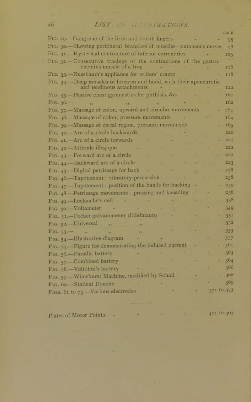 PAGE Fig. 29.—Gangrene of the lntle and t irth fingers - - 95 Fig. 30.—Showing peripheral branches of muscles—cutaneous nerves 98 Fig. 31.—Hysterical contracture of inferior extremities - 103 Fig. 32.—Consecutive tracings of the contractions of the gastro- cnemius muscle of a frog - - - 116 Fig. 33.—Nussbaum’s appliance for writers’cramp - - 118 Fig. 34.—Deep muscles of forearm and hand, with their aponeurotic and tendinous attachments - - - 122 Fig. 35.—Passive chest gymnastics for phthisis, &c. - - 161 Fig. 36.— „ „ „ 162 Fig. 37.—Massage of colon, upward and circular movements • 164 Fig. 38.—Massage of colon, pressure movements - - 164 Fig. 39.—Massage of caecal region, pressure movements - - 165 Fig. 40.—Arc of a circle backwards - - • 220 Fig. 41.—Arc of a circle forwards .... 221 Fig. 42.—Attitude illegique .... 222 Fig. 43.—Forward arc of a circle - 222 Fig. 44.—Backward arc of a circle - - 223 Fig. 45.—Digital petrissage for back - 238 Fig. 46.—Tapotement: vibratory percussion • • 238 Fig. 47.—Tapotement: position of the hands for hacking - - 239 Fig. 48.—Petrissage movements: pressing and kneading - 258 Fig. 49.—Leclanche’s cell ----- 338 Fig. 50.—Voltameter .... - 349 Fig. 51.—Pocket galvanometer (Edelmann) - - - 351 Fig. 52.—Universal „ - 352 Fig. 53.— .... •• ... 353 Fig. 54.—Illustrative diagram - - - 357 Fig. 55.—Figure for demonstrating the induced current - - 361 Fig. 56.—Faradic battery - 3^3 Fig. 57.—Combined battery - 364 Fig. 58.—Voltolini’s battery - 366 Fig. 59.—Wimshurst Machine, modified by Schall - - 3U0 Fig. 60.—Statical Douche - 369 Figs. 61 to 73.—Various electrodes - - 371 to 373 Plates of Motor Points - - - ' 401 to 403