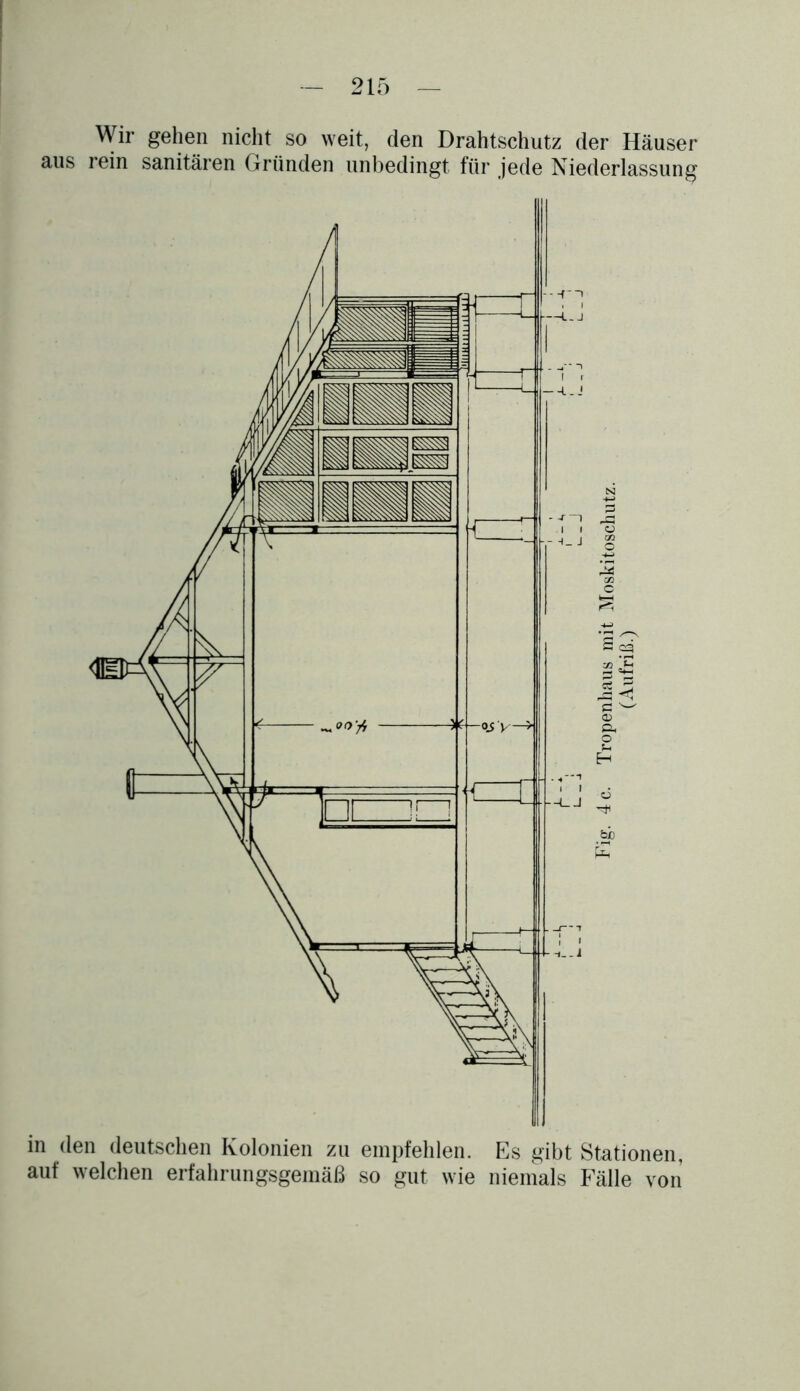 Wir gehen nicht so weit, den Drahtschutz der Häuser aus rein sanitären Gründen unbedingt für jede Niederlassung in (len deutschen Kolonien zu empfehlen. Es gibt Stationen, auf welchen erfahrungsgemäß so gut wie niemals Fälle von 4 c. Tropenhaus mit Moskitoschutz. (Aufriß.)