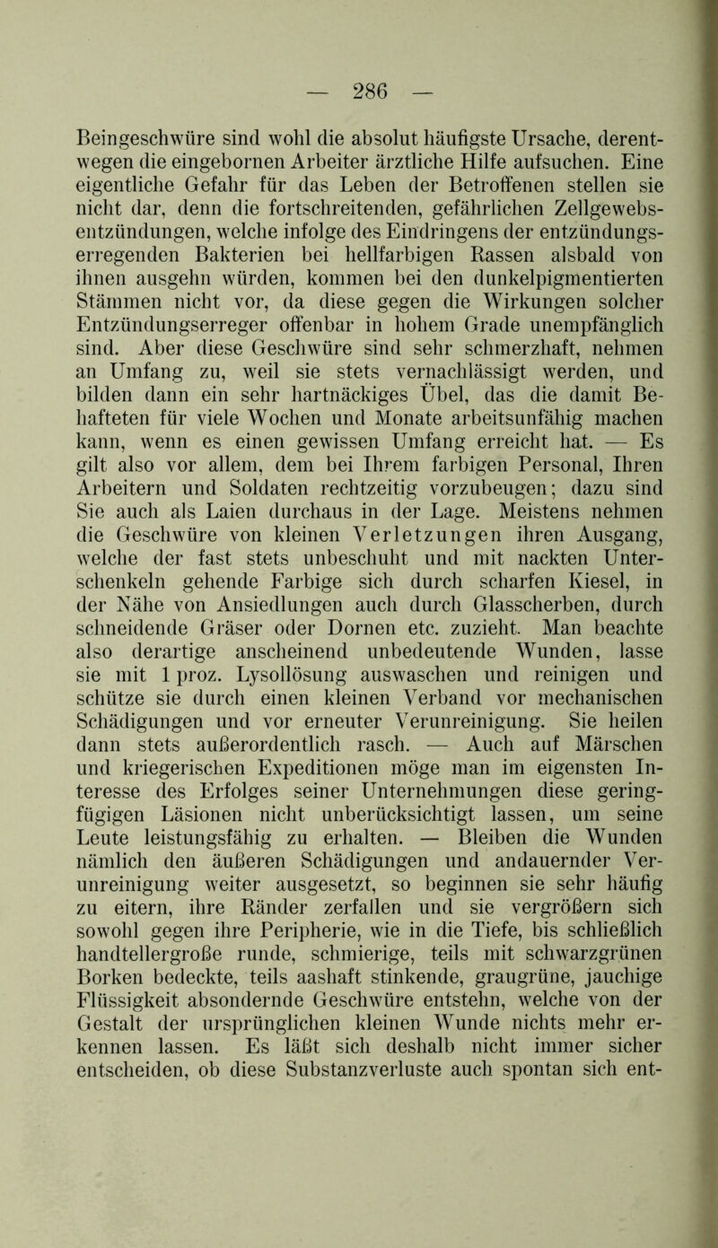 Beingeschwüre sind wohl die absolut häufigste Ursache, derent- wegen die eingebornen Arbeiter ärztliche Hilfe aufsuchen. Eine eigentliche Gefahr für das Leben der Betroffenen stellen sie nicht dar, denn die fortschreitenden, gefährlichen Zellgewebs- entzündungen, welche infolge des Eindringens der entzündungs- erregenden Bakterien bei hellfarbigen Rassen alsbald von ihnen ausgehn würden, kommen bei den dunkelpigmentierten Stämmen nicht vor, da diese gegen die Wirkungen solcher Entzündungserreger offenbar in hohem Grade unempfänglich sind. Aber diese Geschwüre sind sehr schmerzhaft, nehmen an Umfang zu, weil sie stets vernachlässigt werden, und bilden dann ein sehr hartnäckiges Übel, das die damit Be- hafteten für viele Wochen und Monate arbeitsunfähig machen kann, wenn es einen gewissen Umfang erreicht hat. — Es gilt also vor allem, dem bei Ihrem farbigen Personal, Ihren Arbeitern und Soldaten rechtzeitig vorzubeugen; dazu sind Sie auch als Laien durchaus in der Lage. Meistens nehmen die Geschwüre von kleinen Verletzungen ihren Ausgang, welche der fast stets unbeschuht und mit nackten Unter- schenkeln gehende Farbige sich durch scharfen Kiesel, in der Nähe von Ansiedlungen auch durch Glasscherben, durch schneidende Gräser oder Dornen etc. zuzieht. Man beachte also derartige anscheinend unbedeutende Wunden, lasse sie mit 1 proz. Lysollösung auswaschen und reinigen und schütze sie durch einen kleinen Verband vor mechanischen Schädigungen und vor erneuter Verunreinigung. Sie heilen dann stets außerordentlich rasch. — Auch auf Märschen und kriegerischen Expeditionen möge man im eigensten In- teresse des Erfolges seiner Unternehmungen diese gering- fügigen Läsionen nicht unberücksichtigt lassen, um seine Leute leistungsfähig zu erhalten. — Bleiben die Wunden nämlich den äußeren Schädigungen und andauernder Ver- unreinigung weiter ausgesetzt, so beginnen sie sehr häufig zu eitern, ihre Ränder zerfallen und sie vergrößern sich sowohl gegen ihre Peripherie, wie in die Tiefe, bis schließlich handtellergroße runde, schmierige, teils mit schwarzgrünen Borken bedeckte, teils aashaft stinkende, graugrüne, jauchige Flüssigkeit absondernde Geschwüre entstehn, welche von der Gestalt der ursprünglichen kleinen Wunde nichts mehr er- kennen lassen. Es läßt sich deshalb nicht immer sicher entscheiden, ob diese Substanzverluste auch spontan sich ent-