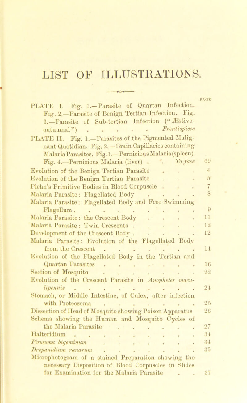 PAGE PLATE I. Fier. L—Parasite of Quartan Infection. o Fig. 2.—Parasite of Benign Tertian Infection. Fig. 3.—Parasite of Sub-tertian Infection (“ TEstivo- autumnal”) ..... Frontispiece PLATE II. Fig. 1.—Parasites of the Pigmented Malig- nant Quotidian. Fig. 2.—Brain Capillaries containing Malaria Parasites. Fig. 3.—Pernicious Malaria (spleen) Fig. 4.-—Pernicious Malaria (liver) . . To face 69 Evolution of the Benign Tertian Parasite ... 4 Evolution of the Benign Tertian Parasite ... 5 Plehn’s Primitive Bodies in Blood Corpuscle ... 7 Malaria Parasite : Flagellated Body .... 8 Malaria Parasite : Flagellated Body and Free Swimming Flagellum 9 Malaria Parasite: the Crescent Body . . . .11 Malaria Parasite: Twin Crescents . . . . .12 Development of the Crescent Body . . . . .12 Malaria Parasite: Evolution of the Flagellated Body from the Crescent . . . . . . .14 Evolution of the Flagellated Body in the Tertian and Quartan Parasites 16 Section of Mosquito 22 Evolution of the Crescent Parasite in Anopheles macu- lipennis ... ...... 24 Stomach, or Middle Intestine, of Culex, after infection with Proteosoma ....... 25 Dissection of Head of Mosquito showing Poison Apparatus 26 Schema showing the Human and Mosquito Cycles of the Malaria Parasite .... . .27 Halteridium ......... 34 Tirosoma bigeminum . .... . . 34 Frepanidium ranarum ....... 35 Microphotograin of a stained Preparation showing the necessary Disposition of Blood Corpuscles in Slides for Examination for the Malaria Parasite . . 37