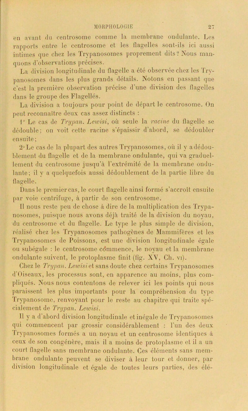 en avant du centrosome comme la membrane ondulante. Les rapports entre le centrosome et les tlagelles sont-ils ici aussi intimes que chez les Trypanosomes proprement dits? Nous man- quons d’observations précises. La division longitudinale du flagelle a été observée chez les Try- panosomes dans les plus grands détails. Notons en passant que c’est la première observation précise d’une division des tlagelles dans le groupe des Flagellés. La division a toujours pour point de départ le centrosome. On peut reconnaître deux cas assez distincts : 1° Le cas de Trypan. Leicisi, où seule la racine du tlagelle se dédouble; on voit cette racine s’épaissir d’abord, se dédoubler ensuite; 2° Le cas de la plupart des autres Trypanosomes, où il y adédou- blement du flagelle et de la membrane ondulante, qui va graduel- lement du centrosome jusqu’à l’extrémité de la membrane ondu- lante; il y a quelquefois aussi dédoublement de la partie libre du tlagelle. Dans le premier cas, le court flagelle ainsi formé s’accroît ensuite par voie centrifuge, à partir de son centrosome. Il nous reste peu de chose à dire de la multiplication des Trypa- nosomes, puisque nous avons déjà traité de la division du noyau, du centrosome et du flagelle. Le type le plus simple de division, réalisé chez les Trypanosomes pathogènes de Mammifères et les Trypanosomes de Poissons, est une division longitudinale égale ou subégale : le centrosome commence, le noyau et la membrane ondulante suivent, le protoplasme finit (fig. XV, Ch. vi). Chez le Trypan. Letoisiet sans doute chez certains Trypanosomes d’Üiseaux, les processus sont, en apparence au moins, plus com- pliqués. Nous nous contentons de relever ici les points qui nous paraissent les plus importants pour la compréhension du type Trypanosome, renvoyant pour le reste au chapitre qui traite spé- cialement de Trypan. Leioisi. Il y a d’abord division longitudinale et inégale de Trypanosomes qui commencent par grossir considérablement : l’un des deux Trypanosomes formés a un noyau et un centrosome identiques à ceux de son congénère, mais il a moins de protoplasme et il a un court flagelle sans membrane ondulante. Ces éléments sans mem- brane ondulante peuvent se diviser à leur tour et donner, par division longitudinale et égale de toutes leurs parties, des élé-