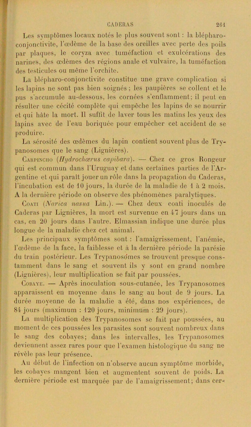 Les symptômes locaux notés le plus souvent sont : la blépharo- conjonctivite, l’œdème de la base des oreilles avec perte des poils par plaques, le coryza avec tuméfaction et exulcérations des narines, des œdèmes des régions anale et vulvaire, la tuméfaction des testicules ou même l’orchite. La blépharo-conjonctivite constitue une grave complication si les lapins ne sont pas bien soignés ; les paupières se collent et le pus s'accumule au-dessous, les cornées s’enflamment; il peut en résulter une cécité complète qui empêche les lapins de se nourrir et qui hâte la mort. Il suffit de laver tous les matins les yeux des lapins avec de l’eau boriquée pour empêcher cet accident de se produire. La sérosité des œdèmes du lapin contient souvent plus de Try- panosomes que le sang (Lignières). Carpincho (Hydrochœrus capibara). — Chez ce gros Rongeur qui est commun dans l’Uruguay et dans certaines parties de l’Ar- gentine et qui paraît jouer un rôle dans la propagation du Caderas, l’incubation est de 10 jours, la durée de la maladie de 1 à 2 mois. A la dernière période on observe des phénomènes paralytiques. Coati (Narica nasua Lin.). — Chez deux coati inoculés de Caderas par Lignières, la mort est survenue en 47 jours dans un. cas, en 20 jours dans l’autre. Elmassian indique une durée plus longue de la maladie chez cet animal. Les principaux symptômes sont : l’amaigrissement, l’anémie, I l’œdème de la face, la faiblesse et à la dernière période la parésie du train postérieur. Les Trypanoso'mes se trouvent presque cons- tamment dans le sang et souvent ils y sont en grand nombre (Lignières), leur multiplication se fait par poussées. Cobaye. — Après inoculation sous-cutanée, les Trypanosomes apparaissent en moyenne dans le sang au bout de 9 jours. La durée moyenne de la maladie a été, dans nos expériences, de 84 jours (maximum : 120 jours, minimum : 29 jours). La multiplication des Trypanosomes se fait par poussées, au moment de ces poussées les parasites sont souvent nombreux dans le sang des cobayes; dans les intervalles, les Trypanosomes deviennent assez rares pour que l’examen histologique du sang ne l’évèle pas leur présence. Au début de l’infection on n’observe aucun symptôme morbide, les cobayes mangent bien et augmentent souvent de poids. La dernière période est marquée par de l’amaigrissement; dans cer-
