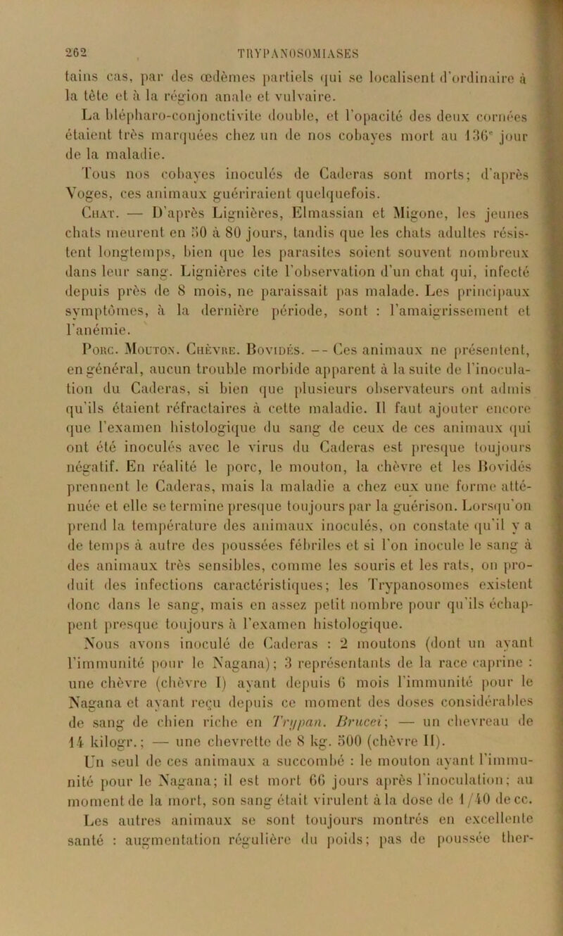 tains cas, par des œdèmes partiels qui se localisent d’ordinaire à la tète et à la région anale et vulvaire. La blépharo-conjonctivite double, et l’opacité des deux cornées étaient très marquées chez un de nos cobayes mort au 136e jour de la maladie. Tous nos cobayes inoculés de Caderas sont morts; d’après Voges, ces animaux guériraient quelquefois. Chat. — D’après Lignières, Elmassian et Migone, les jeunes chats meurent en 30 à 80 jours, tandis que les chats adultes résis- tent longtemps, bien que les parasites soient souvent nombreux dans leur sang. Lignières cite l’observation d’un chat qui, infecté depuis près de 8 mois, ne paraissait pas malade. Les principaux symptômes, à la dernière période, sont : l’amaigrissement et l’anémie. Porc. Mouton. Chèvre. Bovidés. -- Ces animaux ne présentent, en général, aucun trouble morbide apparent à la suite de l’inocula- tion du Caderas, si bien que plusieurs observateurs ont admis qu'ils étaient réfractaires à cette maladie. Il faut ajouter encore que l’examen histologique «lu sang de ceux de ces animaux «pii ont été inoculés avec le virus du Caderas est presque toujours négatif. En réalité le porc, le mouton, la chèvre et les Bovidés prennent le Caderas, mais la maladie a chez eux une forme atté- nuée et elle se termine presque toujours par la guérison. Lorsqu’on prend la température des animaux inoculés, on constate qu’il y a de temps à autre des poussées fébriles et si l'on inocule le sang à des animaux très sensibles, comme les souris et les rats, on pro- duit des infections caractéristiques; les Trypanosomes existent donc dans le sang, mais en assez petit nombre pour qu'ils échap- pent presque toujours à l’examen histologique. Nous avons inoculé de Caderas : 2 moutons (dont un ayant l’immunité pour le Nagana); 3 représentants de la race caprine : une chèvre (chèvre I) ayant depuis 6 mois l’immunité pour le Nagana et ayant reçu depuis ce moment des doses considérables de sang de chien riche en Trijpan. Brucei; — un chevreau de 14 kilogr. ; — une chevrette de 8 kg. 500 (chèvre II). Un seul de ces animaux a succombé : le mouton ayant l'immu- nité pour le Nagana; il est mort 66 jours après l'inoculation; au moment de la mort, son sang était virulent à la dose de 1 /40 «le cc. Les autres animaux se sont toujours montrés en excellente santé : augmentation régulière «lu poids; pas de poussée ther-