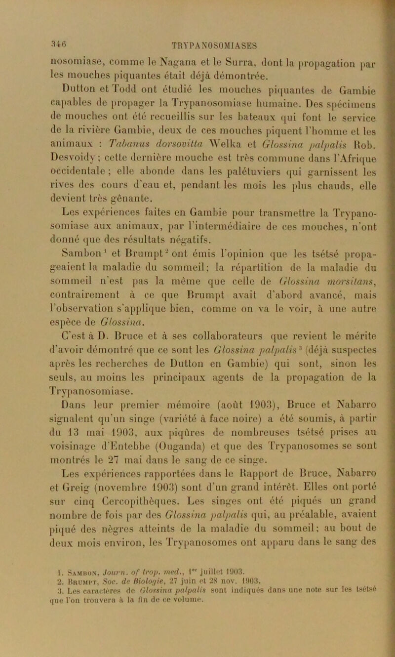 34(5 nosomiase, comme le Nagana et le Surra, dont la propagation par les mouches piquantes était déjà démontrée. Dutton et Todd ont étudié les mouches piquantes de Gambie capables de propager la Trypanosomiase humaine. Des spécimens de mouches ont été recueillis sur les bateaux qui font le service de la rivière Gambie, deux de ces mouches piquent l’homme et les animaux : Tabanus dorsovitta Welka et Glossina palpalis Bob. Desvoidy; cette dernière mouche est très commune dans l'Afrique occidentale ; elle abonde dans les palétuviers qui garnissent les rives des cours d’eau et, pendant les mois les plus chauds, elle devient très gênante. Les expériences faites en Gambie pour transmettre la Trypano- somiase aux animaux, par l’intermédiaire de ces mouches, n’ont donné que des résultats négatifs. Sambon 1 et Brumpt2 ont émis l’opinion que les tsétsé propa- geaient la maladie du sommeil; la répartition de la maladie du sommeil n'est pas la même que celle de Glossina morsitans, contrairement à ce que Brumpt avait d’abord avancé, mais l’observation s’applique bien, comme on va le voir, à une autre espèce de Glossina. C’est à D. Bruce et à ses collaborateurs que revient le mérite d’avoir démontré que ce sont les Glossina palpalis3 (déjà suspectes après les recherches de Dutton en Gambie) qui sont, sinon les seuls, au moins les principaux agents de la propagation de la Trypanosomiase. Dans leur premier mémoire (août 1903), Bruce et Nabarro signalent qu’un singe (variété à face noire) a été soumis, à partir du 13 mai 1903, aux piqûres de nombreuses tsétsé prises au voisinage d’Entebbe (Ouganda) et que des Trypanosomes se sont montrés le 27 mai dans le sans1 de ce singe. Les expériences rapportées dans le Rapport de Bruce, Nabarro et Greig (novembre 1903) sont d’un grand intérêt. Elles ont porté sur cinq Cercopithèques. Les singes ont été piqués un grand nombre de fois par des Glossina palpalis qui, au préalable, avaient piqué des nègres atteints de la maladie du sommeil; au bout de deux mois environ, les Trypanosomes ont apparu dans le sang des 1. Sambon, Jouvn. of trop, med., l”r juillet 1903. 2. Brumpt, Soc. de Biologie, 27 juin et 28 nov. 1903. 3. Les caractères de Glossina palpalis sont indiqués dans une note sur les tsétsé que l'on trouvera a la lin de ce volume.