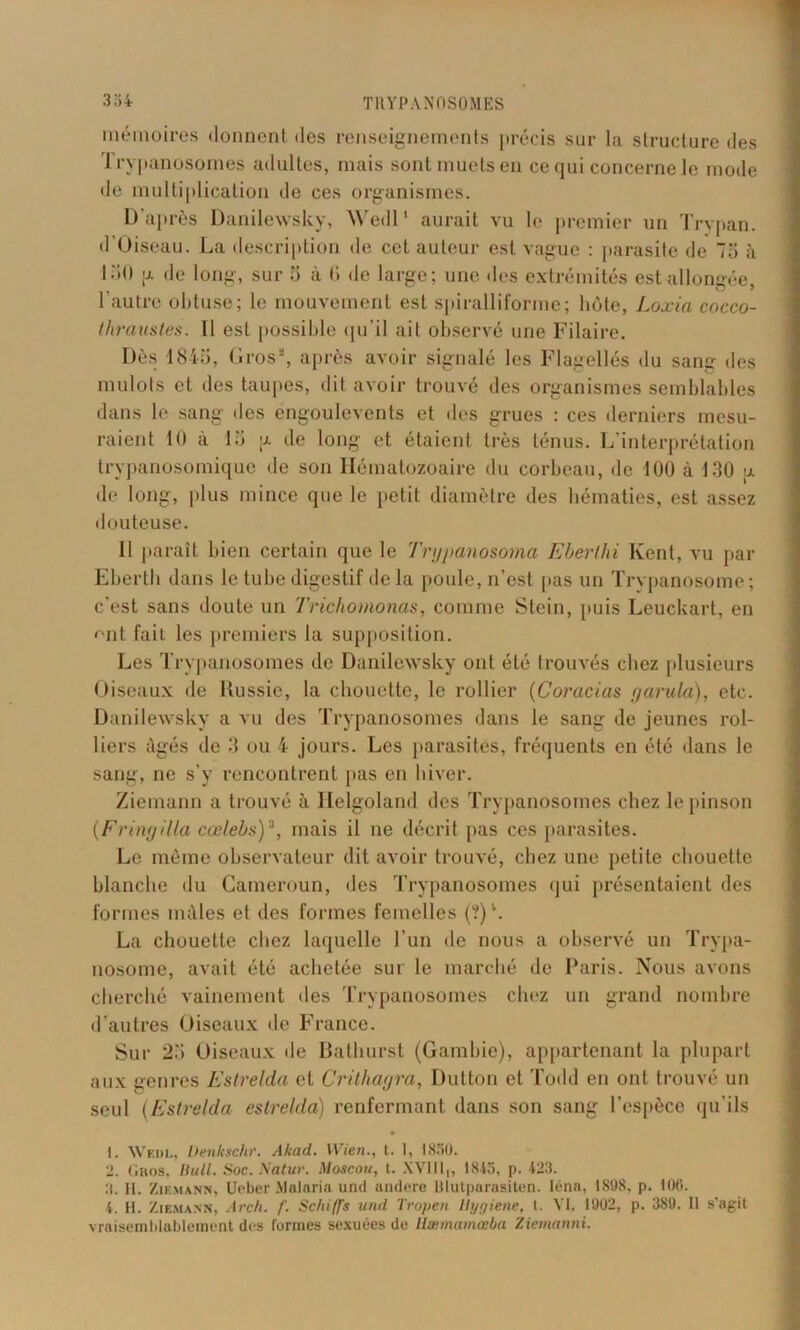 mémoires donnent des renseignements précis sur la structure des Trypanosomes adultes, mais sont muets en ce qui concerne le mode de multiplication de ces organismes. D’a] très Danilewsky, \Y edi1 aurait vu le premier un Trypan. d’Oiseau. La description de cet auteur est vague : parasite de 75 à l->() p. de long, sur o à G de large; une des extrémités est allongée, l'autre obtuse; le mouvement est spiralliforme; hôte, Loxia cocco- thraustes. Il est possible qu’il ail observé une Pilaire. Dès 484b, Gros2 * 4, après avoir signalé les Flagellés du sang des mulots et des taupes, dit avoir trouvé des organismes semblables dans le sang îles engoulevents et des grues : ces derniers mesu- raient 10 à 15 u. de long et étaient très ténus. L’interprétation trvpanosomique de son Hématozoaire du corbeau, de 100 à 130 u de long, plus mince que le petit diamètre des hématies, est assez douteuse. 11 paraît bien certain que le Tnjpanosoma Ebertlii Kent, vu par Eberlli dans le tube digestif de la poule, n’est pas un Trypanosome; c'est sans doute un Trichomonas, comme Stein, puis Leuckart, en mit fait les premiers la supposition. Les Trypanosomes de Danilewsky ont été trouvés chez plusieurs Oiseaux de llussie, la chouette, le rollier (Coracias (jarula), etc. Danilewsky a vu des Trypanosomes dans le sang de jeunes rol- liers âgés de 3 ou 4 jours. Les parasites, fréquents en été dans le sang, ne s’y rencontrent pas en hiver. Ziemann a trouvé à llelgoland des Trypanosomes chez le pinson {Fringilla cœlel>s)z, mais il ne décrit pas ces parasites. Le même observateur dit avoir trouvé, chez une petite chouette blanche du Cameroun, des Trypanosomes qui présentaient des formes mâles et des formes femelles (?)v. La chouette chez laquelle l’un de nous a observé un Trypa- nosome, avait été achetée sur le marché de Paris. Nous avons cherché vainement des Trypanosomes chez un grand nombre d’autres Oiseaux de France. Sur 25 Oiseaux de Bathurst (Gambie), appartenant la plupart aux genres Estrelda et Crithagra, Dutton et Todd en ont trouvé un seul (Estrelda estrelda) renfermant dans son sang l’espèce qu’ils 1. Wedl, Uenkschr. Akad. Wien., t. I, 1850. 2. Gros, Huit. Soc. Natur. Moscou, t. XVI11,, 1845, p. 423. ;i. H. Ziemann, Ueber Malaria und anderc Blutparasiten. léna, 1898, p. 106. 4. H. Ziemann, Arch. f. Scia (fs und Tropen Hyr/iene, t. VI. 1902, p. 389. 11 s'agit vraisemblablement des formes sexuées de llæmamœba Ziemanni.