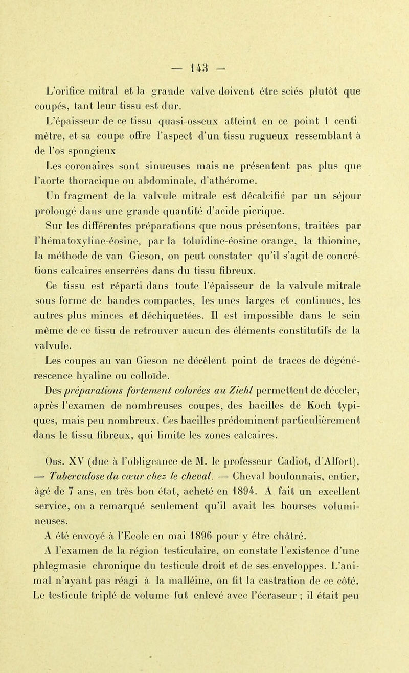 L'orifice mitral et la grande valve doivent être sciés plutôt que coupés, tant leur tissu est dur. L'épaisseur de ce tissu quasi-osseux atteint en ce point 1 centi mètre, et sa coupe offre l'aspect d'un tissu rugueux ressemblant à de l'os spongieux Les coronaires sont sinueuses mais ne présentent pas plus que l'aorte thoracique ou abdominale, d'athérome. Un fragment de la valvule mitrale est décalcifié par un séjour prolongé dans une grande quantité d'acide picrique. Sur les différentes préparations que nous présentons, traitées par l'hématoxyline-éosine, par la toluidine-éosine orange, la thionine, la méthode de van Gieson, on peut constater qu'il s'agit de concré- tions calcaires enserrées dans du tissu fibreux. Ce tissu est réparti dans toute l'épaisseur de la valvule mitrale sous forme de bandes compactes, les unes larges et continues, les autres plus minces et déchiquetées. Il est impossible dans le sein même de ce tissu de retrouver aucun des éléments constitutifs de la valvule. Les coupes au van Gieson ne décèlent point de traces de dégéné- rescence hyaline ou colloïde. Des préparations fortement colorées au Ziehl permettent de déceler, après l'examen de nombreuses coupes, des bacilles de Koch typi- ques, mais peu nombreux. Ces bacilles prédominent particulièrement dans le tissu fibreux, qui limite les zones calcaires. Obs. XV (due à l'obligeance de M. le professeur Cadiot, d'Alfort). — Tuberculose du cœur chez le cheval. — Cheval boulonnais, entier, âgé de 7 ans, en très bon état, acheté en 1894. A fait un excellent service, on a remarqué seulement qu'il avait les bourses volumi- neuses. A été envoyé à l'Ecole en mai 1896 pour y être châtré. A l'examen de la région testiculaire, on constate l'existence d'une phlegmasie chronique du testicule droit et de ses enveloppes. L'ani- mal n'ayant pas réagi à la malléine, on fit la castration de ce côté. Le testicule triplé de volume fut enlevé avec l'écraseur ; il était peu